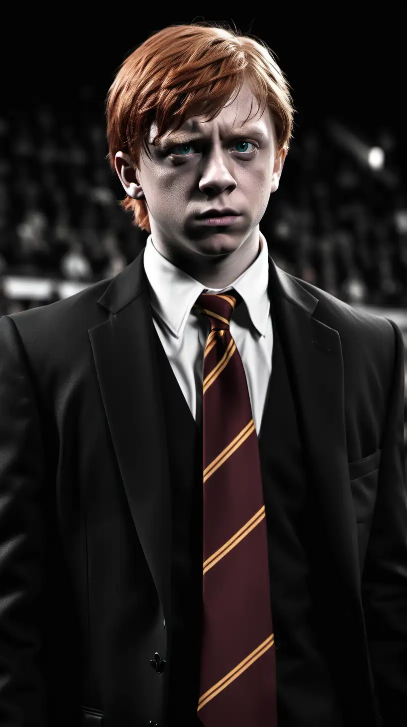 sin city style, black and white, Ron Weasley dressed in black suit, shirt and necktie in Gryffindor colors, standing on arena, concentrated, hyper-realistic
