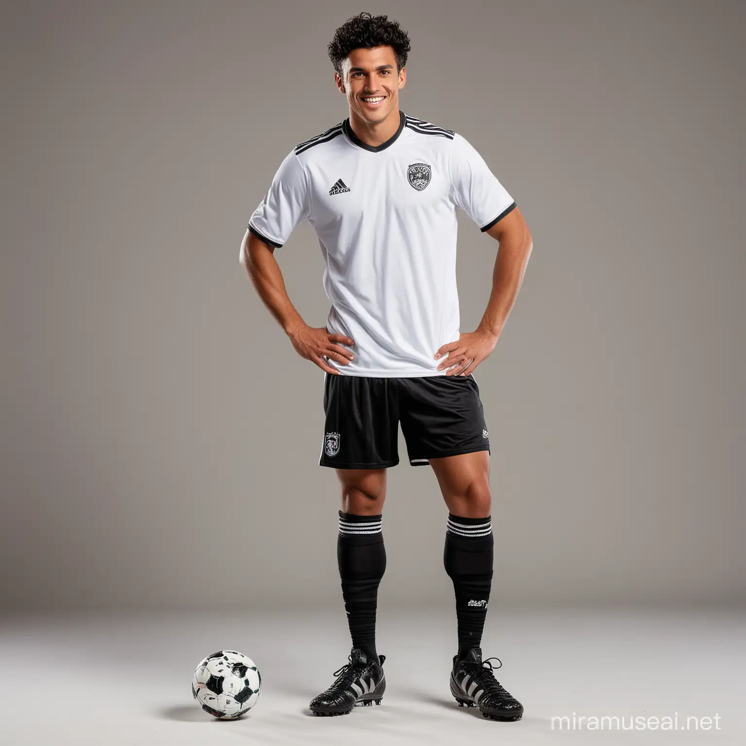 male, msoccer player, black head hair and black soccer boots, standing smiling, from head to feet