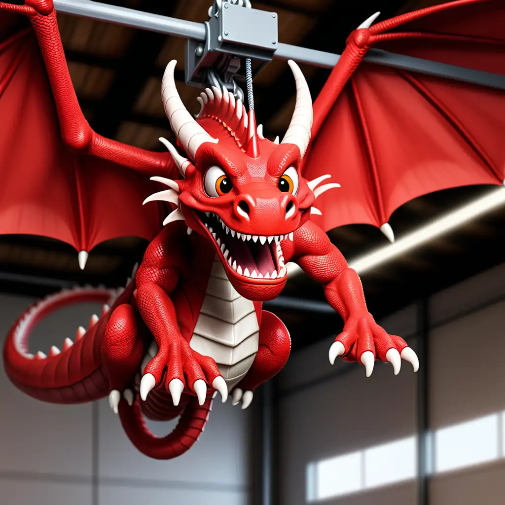 Friendly red dragon with open eyes using a ceiling track hoist 