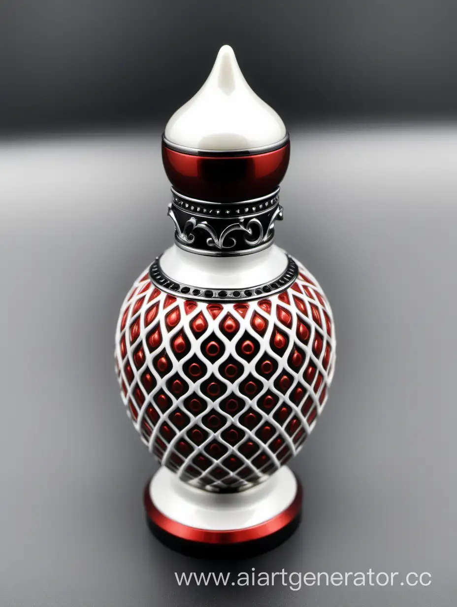 Zamac Perfume decorative ornamental long cap, pearl white black color with matt RED WHITE border line with dots in middle arabesque pattern shaped | metallizing finish