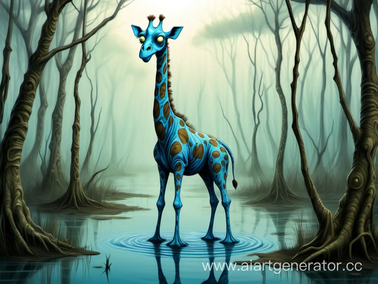 Нарисуй мне четвероногое болотное существо ввиде болотного цвета жирафа. Это существо всегда находится стаей. У болотного существ большие голубые глаза. Они находятся на болоте, где есть деревья которые укрывают их от солнца. У них есть лицо, но без ушей волос и рта.