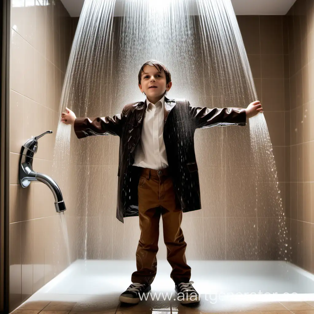 10 year old boy wet school shirt, suit jacket, wet brown jeans, sneakers, winter coat stand under pouring shower