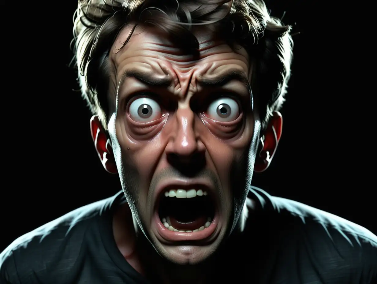A frightened man's face, against a black background.