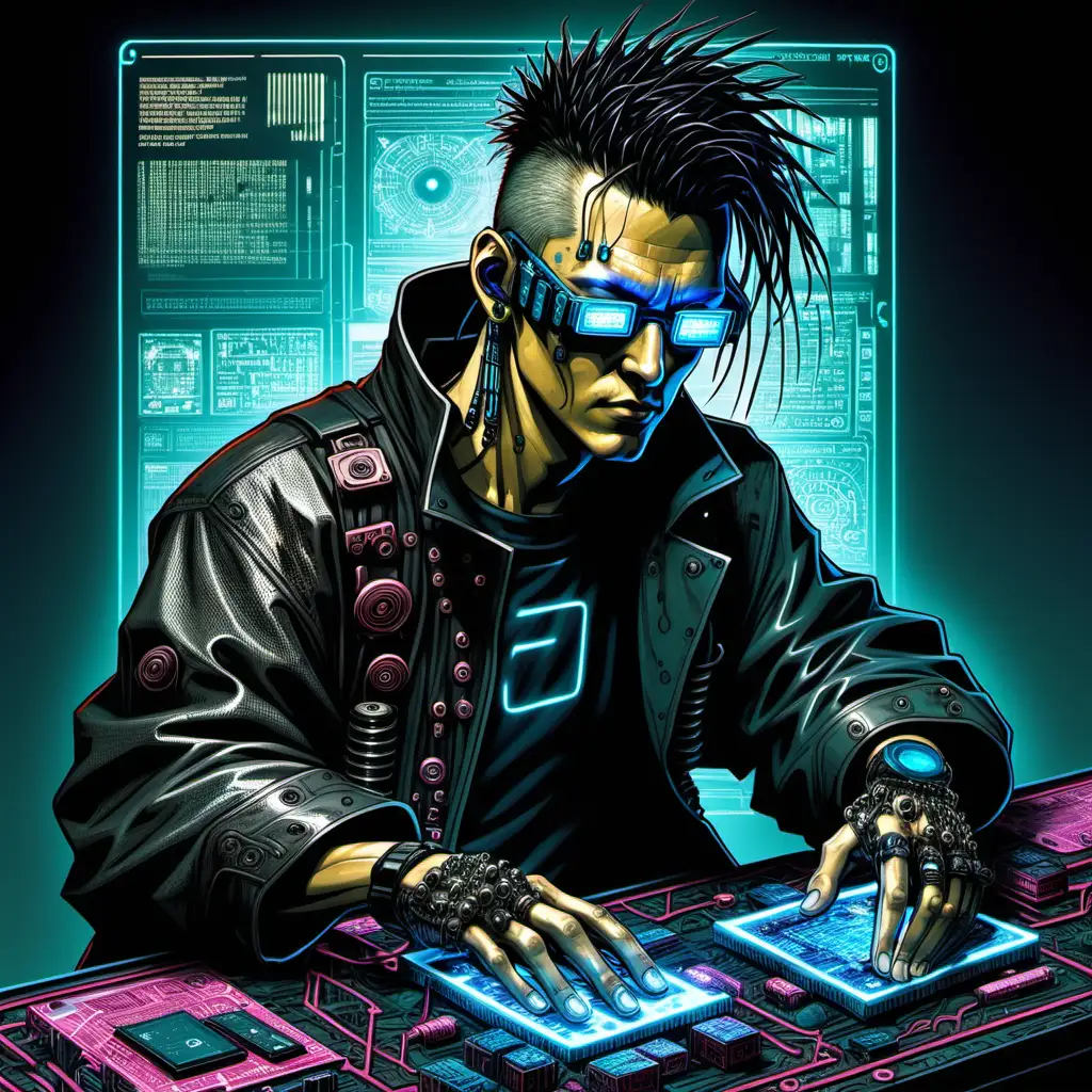 Cyberpunk from Neuromancer with electrodes jacked into his Ono Sendai deck running through cyberspace 