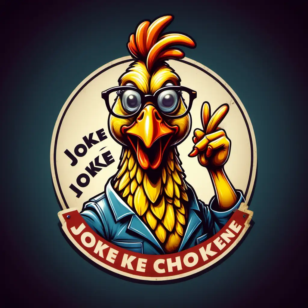 Create a logo featuring a mischievous rubber chicken wearing glasses, proudly presenting a 'Joke Joint' sign. Insanely detailed with a spot light.