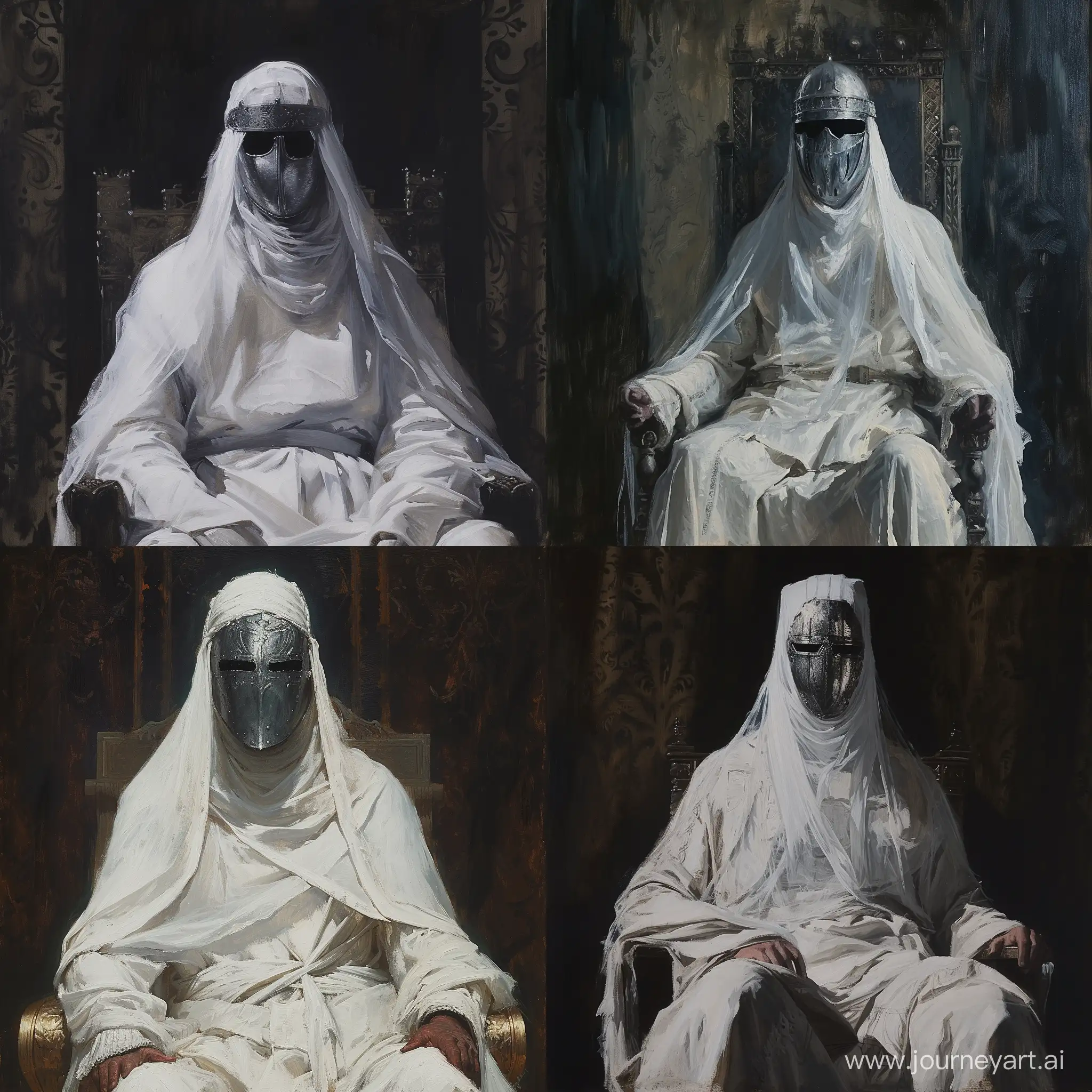 Dark oil painting of Baldwin IV of Jerusalem. He is wearing a face covering silver mask, white attire and white veil. Sitting on throne. Dark color brush strikes oil painting.