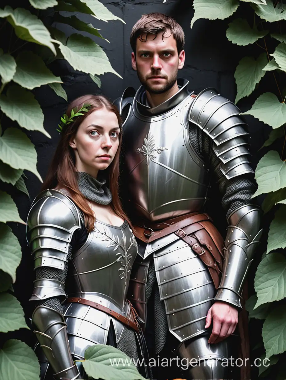 a woman and a man in medieval armor stand behind the leaves in the shade, black wall behind them, in front of them there are leaves, leaves close their body and face