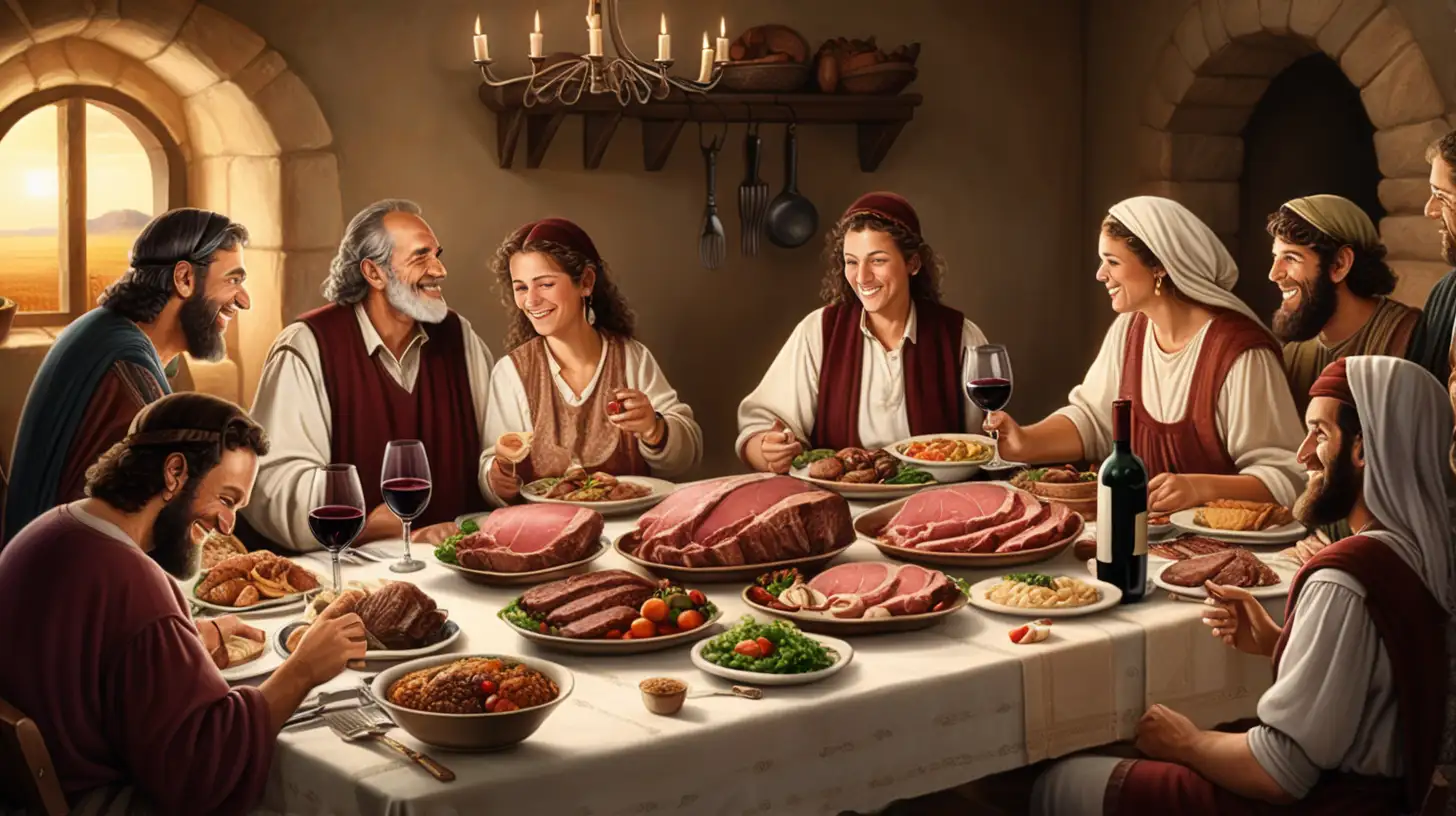 époque biblique, festin dans une maison hébreux, repas du soir, famille autour de la table, un pichet de vin rouge, un plat de viande, les membres de la famille sont très souriant