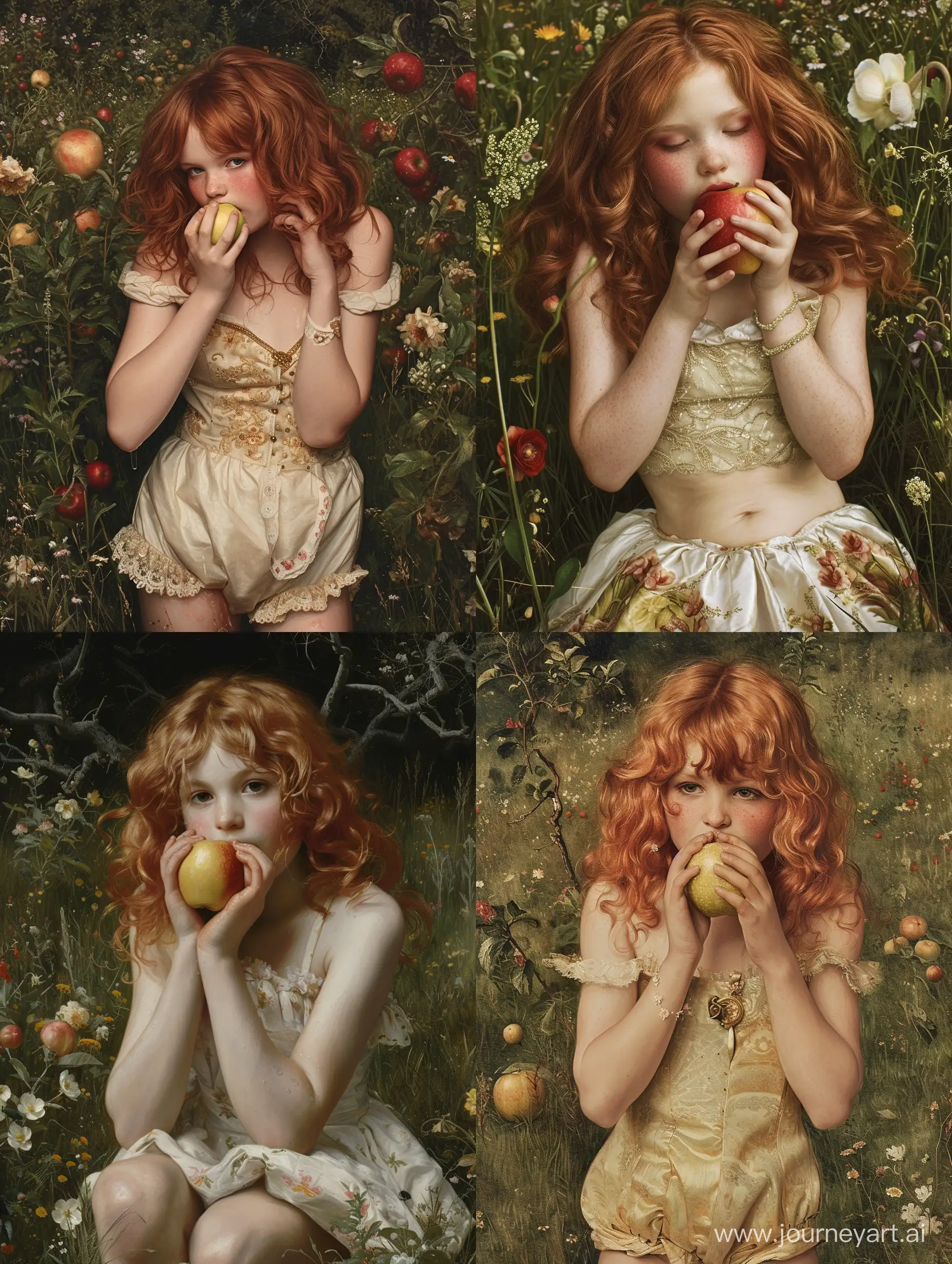   '' Самая толстая в мире девочка страдающая критическим ожирением 12 лет , ест яблоко '' художник Веласкес '' луг заросший цветами , рыжие волнистые волосы , надутые щёки , короткое платье".
