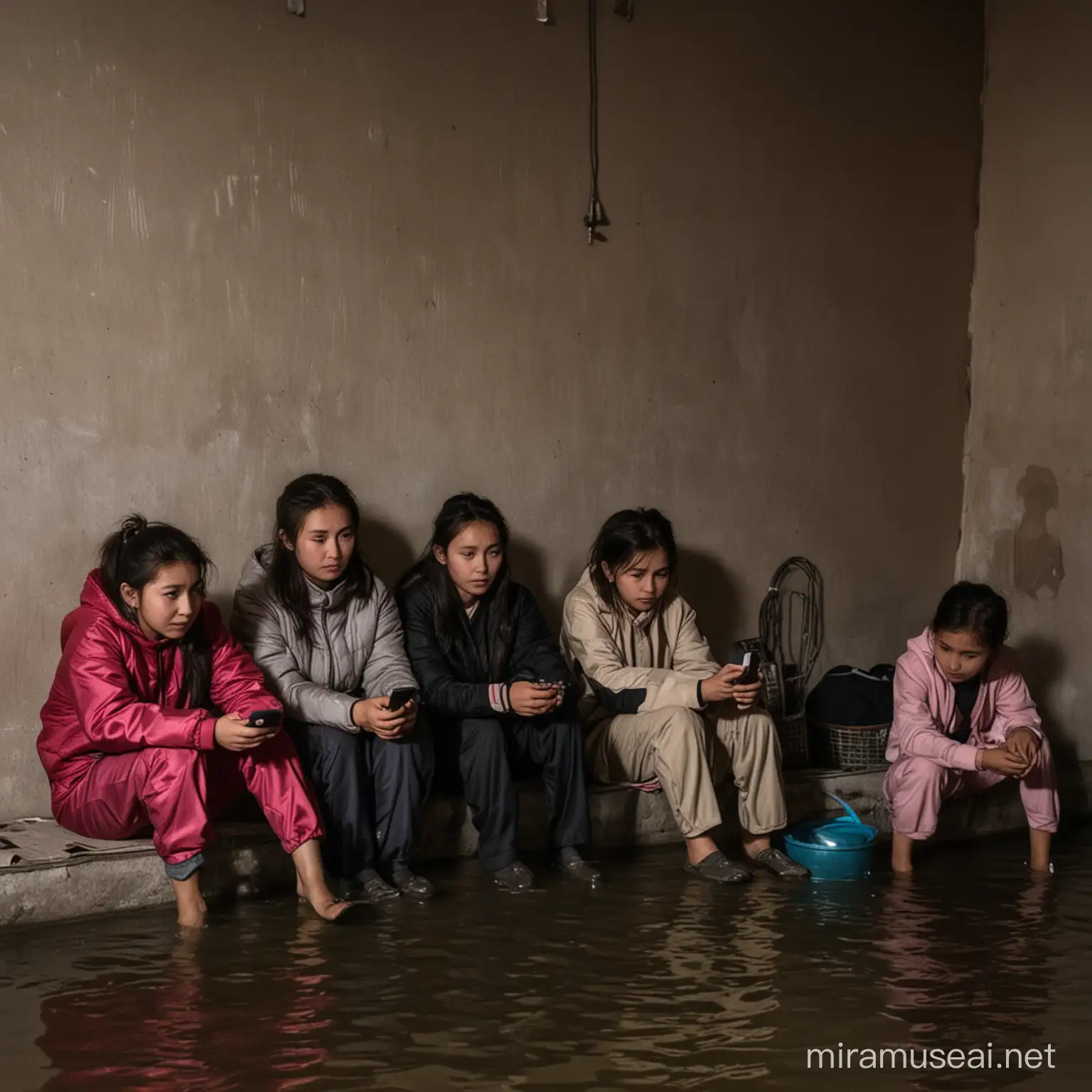 Kazakh Girls in Flooded Home Absorbed in Smartphone Glow