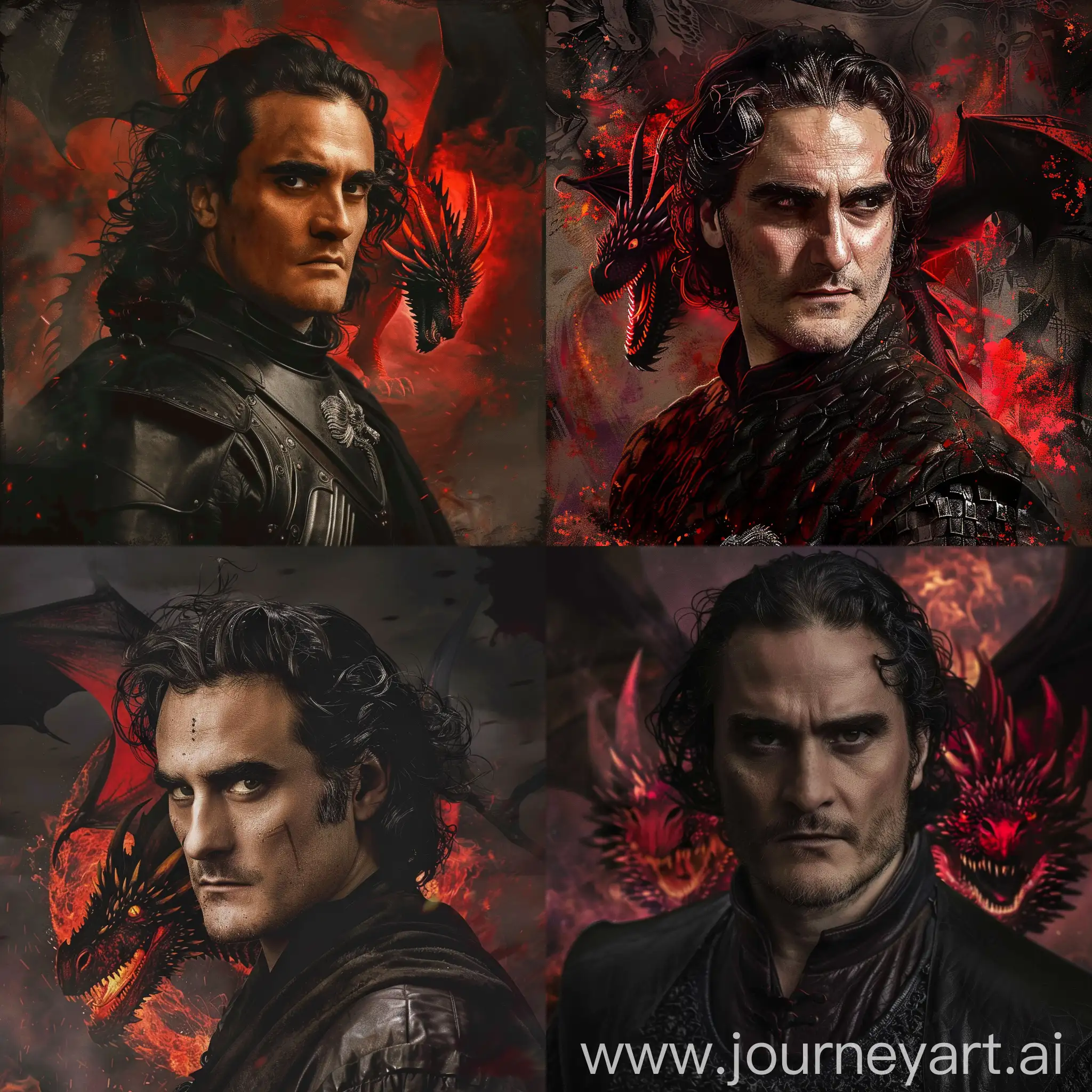 Joaquin Phoenix comme un prince Targaryen au cheveux sombre avec un dragon rouge et noir derrière lui