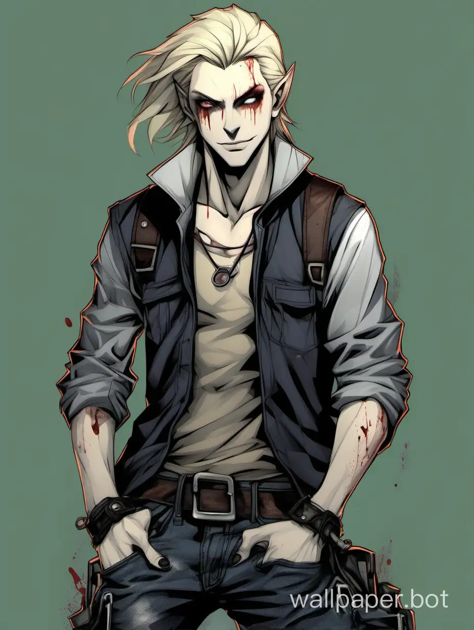 Tall, handsome, slender, androgynous, ash blond, vampire man, 30's, middle parted hair down to his chin, elf-like, street clothes, sadist, menacing, jade eyes, pale skin, pale hair, athletic build, masculine, technomancer, cocky smirk, mechanic, stalking, with a knife, headphones, tank shirt, dark jeans, long legs, combat boots, bloodied, fangs, intense, leaning back, graphic, painting, render