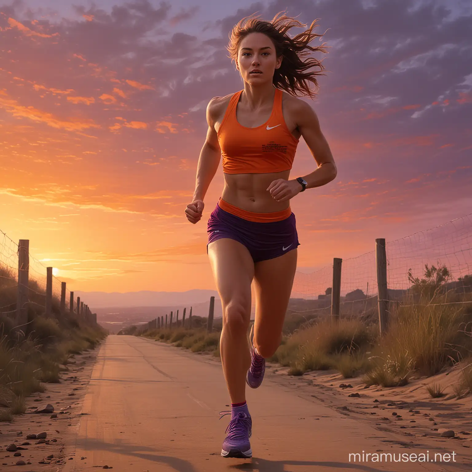 A highly realistic digital painting capturing a female athlete in full sprint. The focus is on achieving photographic realism, with meticulous attention to the physical accuracy of her running form and the textures of her sportswear, which includes a moisture-wicking top and snug running shorts, complemented by high-performance running shoes. The details, from the strands of hair swept back by her motion to the subtle expressions of determination on her face, are rendered with precision. The background is a masterful depiction of a late evening sky, with the dim, yet vibrant colors of the sunset providing a backdrop that's both atmospheric and dynamic. Warm hues of orange, red, and purple blend seamlessly, mimicking the natural gradation of colors found during the golden hour. The setting sun casts a soft, diffused light, creating a contrast that highlights the runner's figure against the fading light. This scene encapsulates the essence of a serene, yet powerful moment of athleticism, juxtaposed with the tranquil beauty of a sunset, all presented with a level of realism that bridges the gap between art and life.