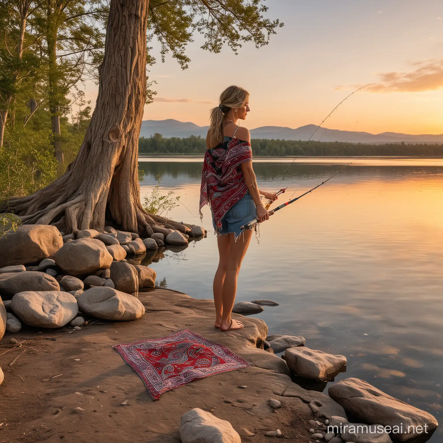 Peace, perfection, huge lake, large rocks, fishing, trees, sunset, bare foot woman fishing, woman wearing paisley bandanna 