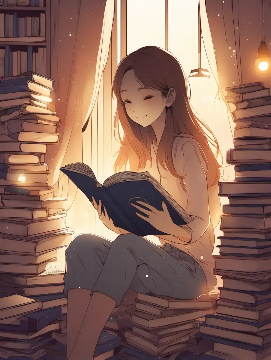 girl hugging a book, in a cozy environment, filled with books