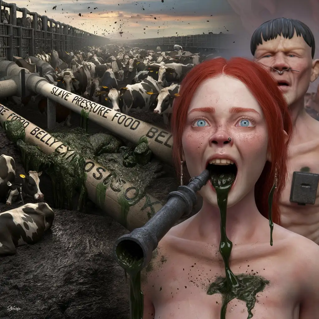 3d ultra realist resolution render, unreal engine render image portrait of a overcrowd cow flush  ass mud liquid and dark green giant farm, iron big pipeline writed "Slave pressure food belly explosion" pump mud liquid and dark green liquid overflow.
Behind other image 3d ultra realist resolution render, unreal engine render image portrait of a redhead young twenty girl russian women screaming crying painful, iron big pipeline wall fixed inside mouth, mud liquid and dark green liquid overflow of mouth, chest men body flat, nose piercing, inside iron box square.