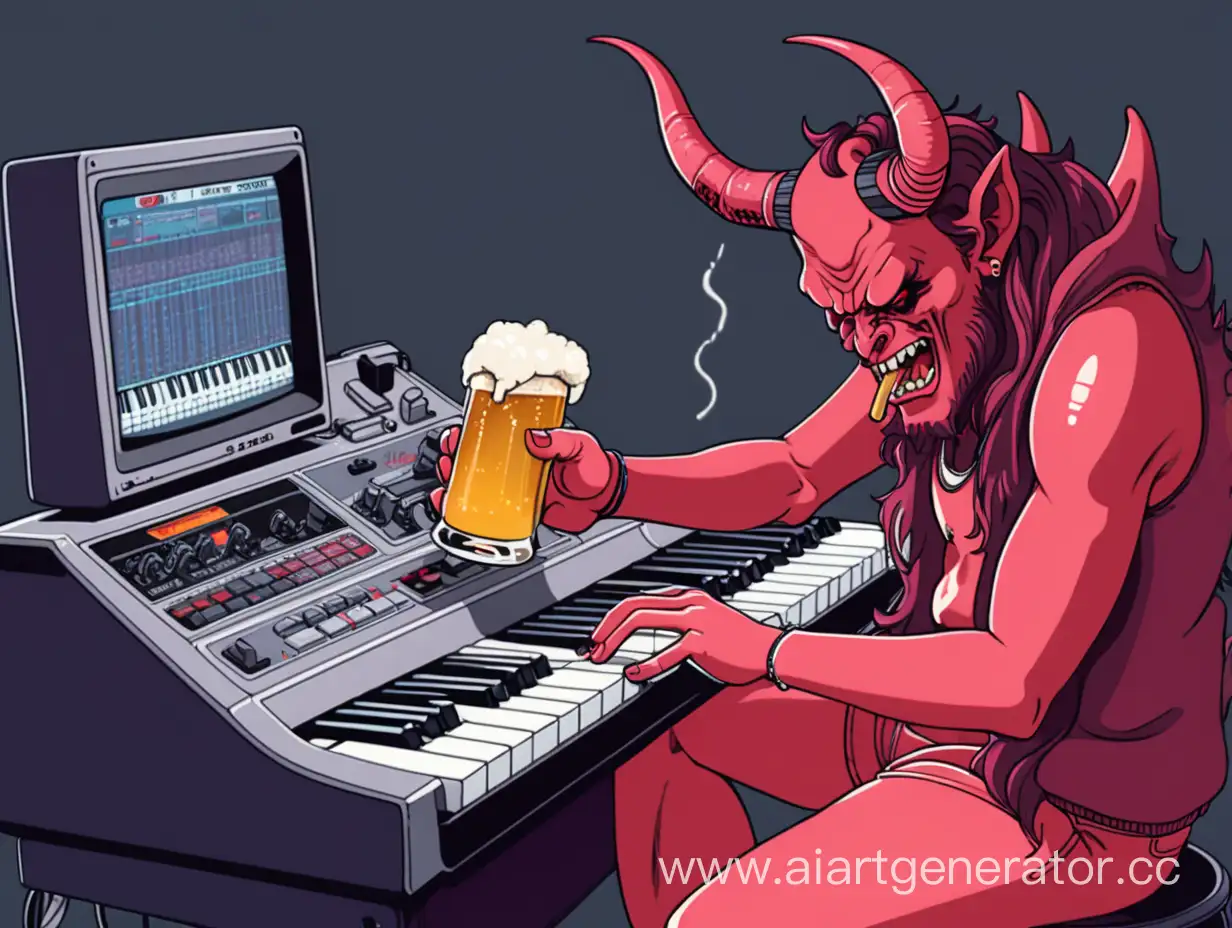 the devil fingerdrumming on an MPC, drinking beer, whatched in awe by a lofi girl, 80`s style