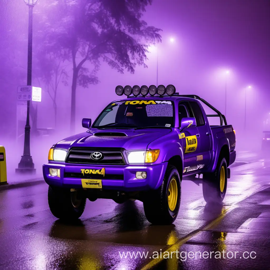машина Toyota tonka рядом с клубом, фиолетовый свет, туман, дождь