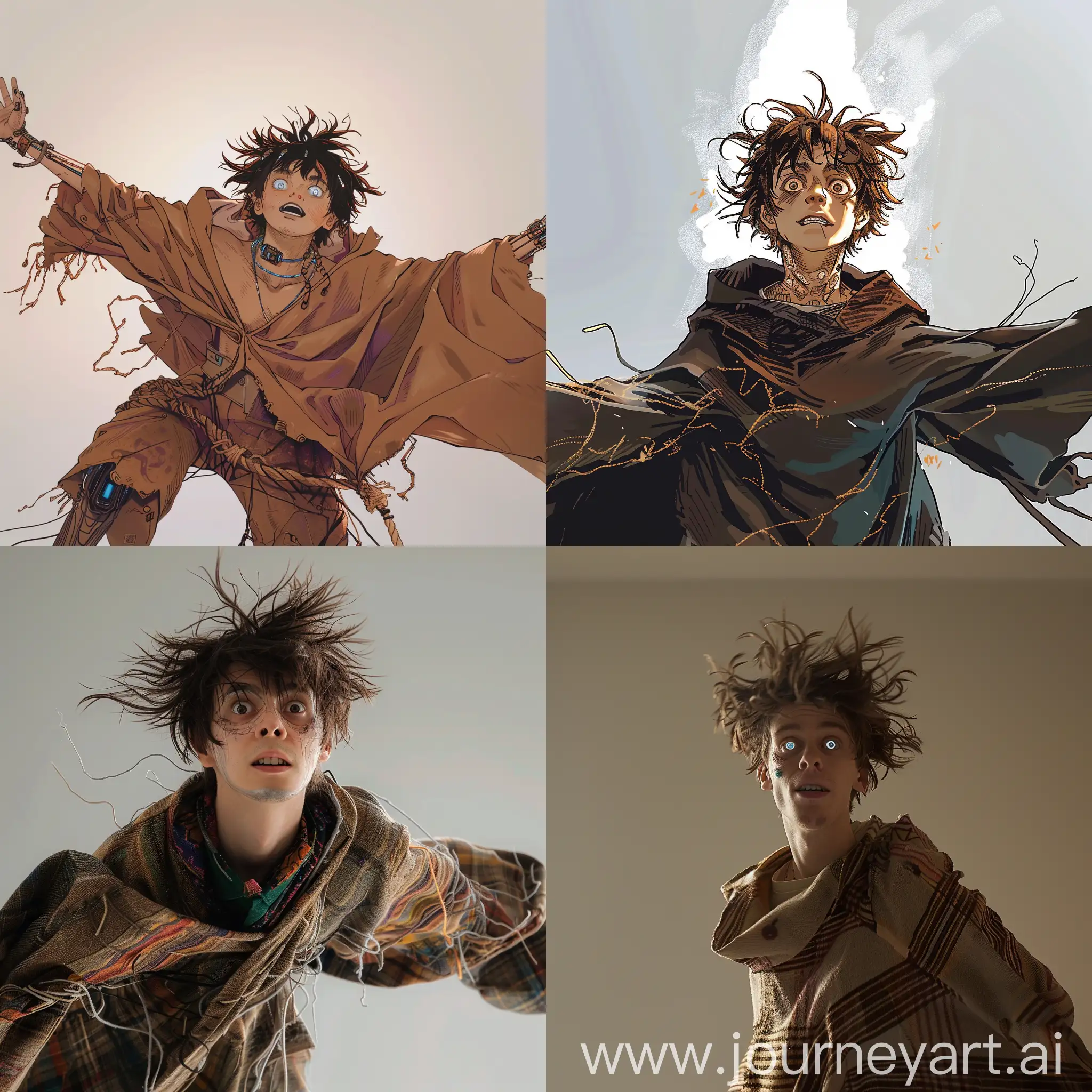 Man with messy short brown hair STUCK UP (( SKIN FADE)) as cybernetics god (((levitating in air)) with tulum poncho clothing (looking crazy WIDE EYED SMILE))) ((ANIME STYLE))