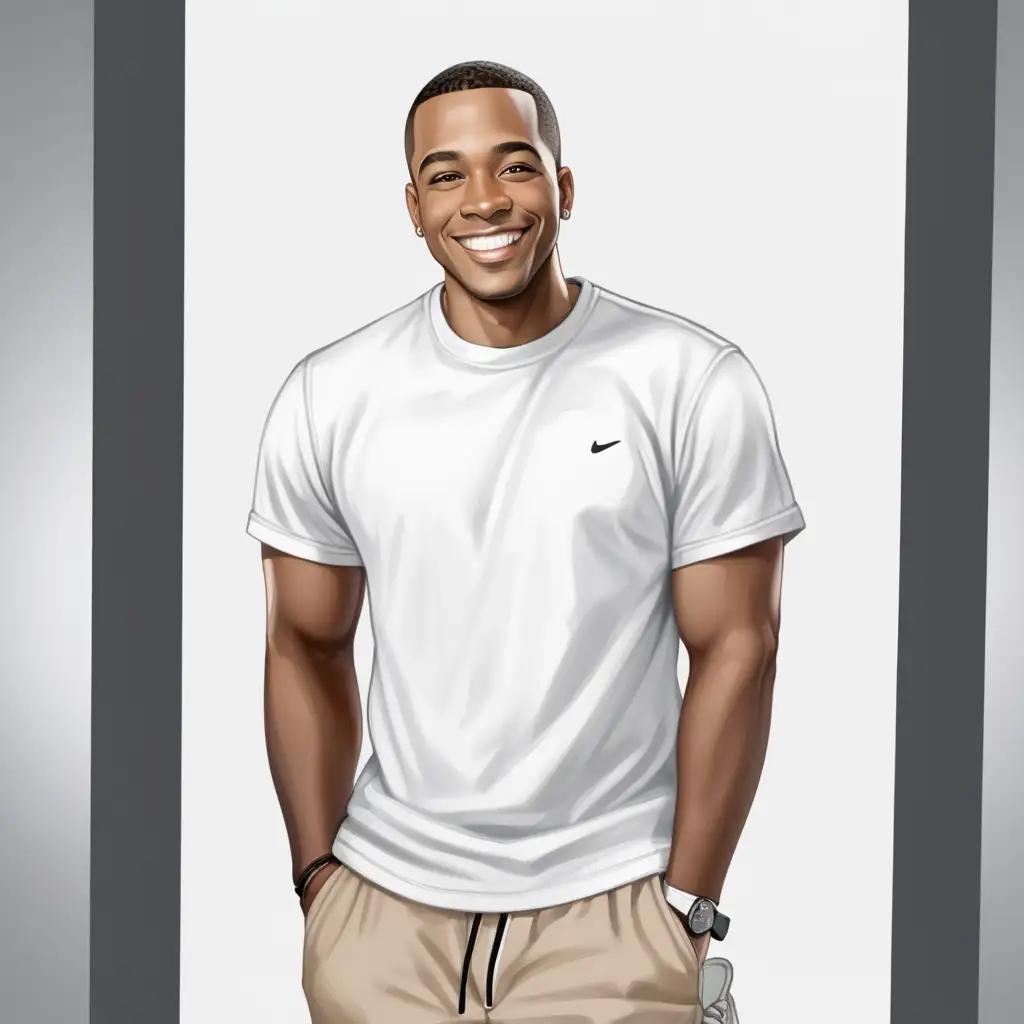 african american man, short hair cut, pants, tshirt, smiling, standing with sneakers on