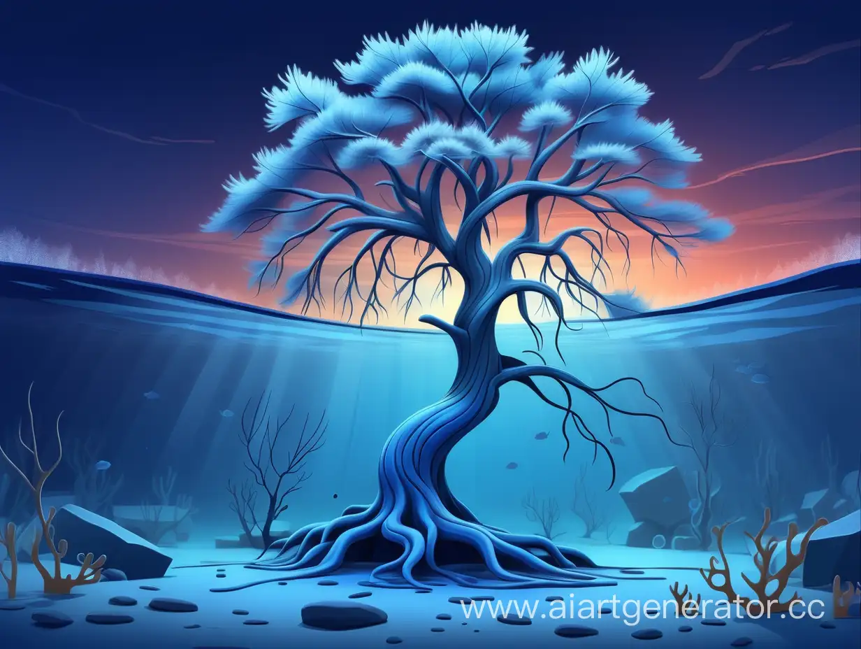 нарисуй зимнее дерево под водой с синим закатом на фоне

а на заднем фоне надпись GLEON