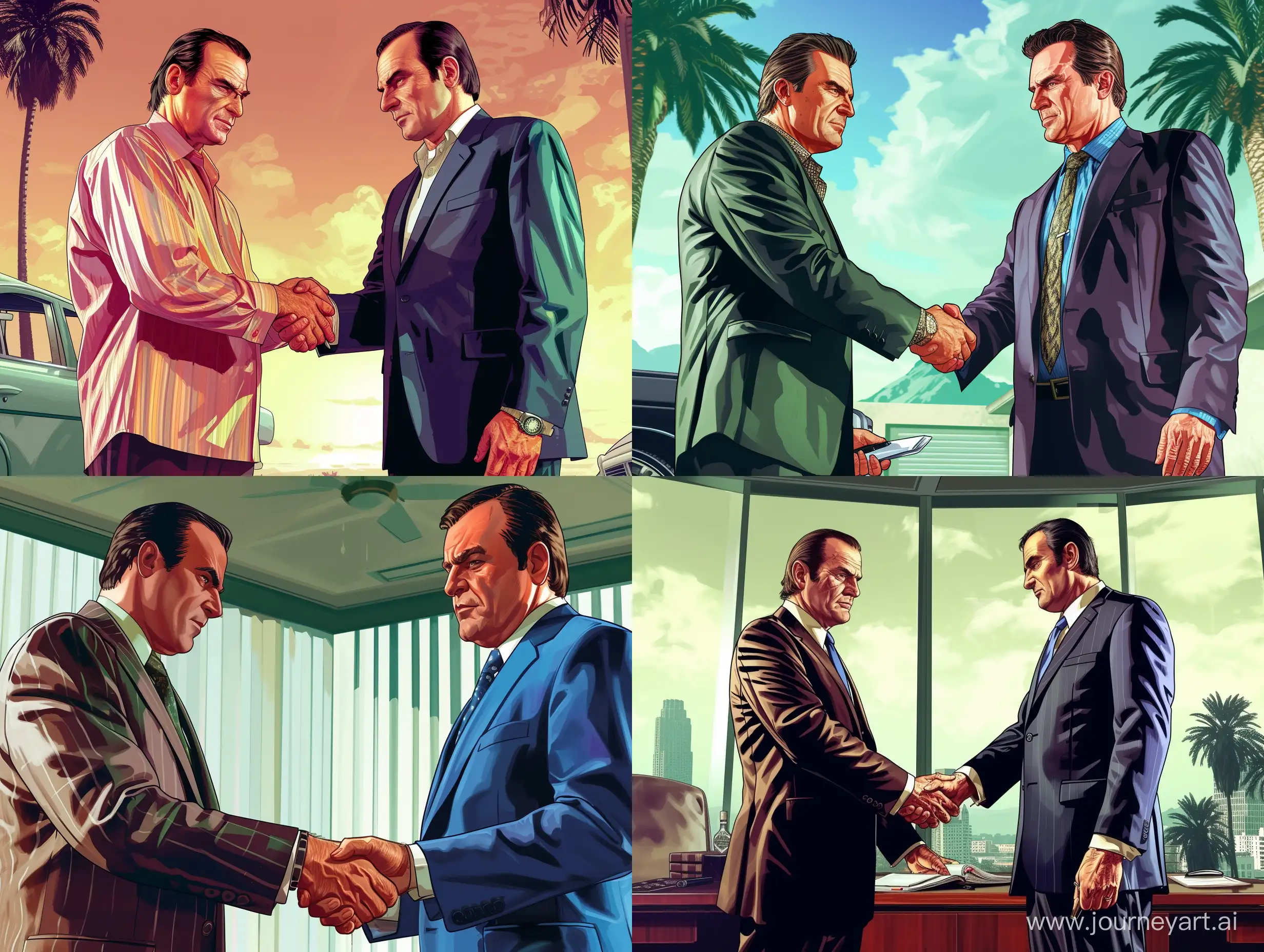 modern man closing a deal, grand theft auto artstyle, loading screen, highly detailed