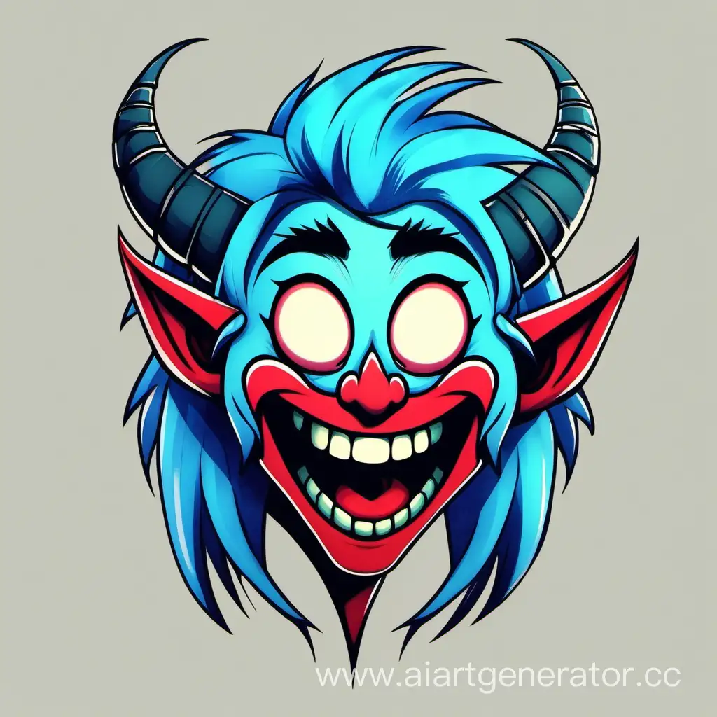 мультяшный  демон с улыбкой и синими волосами