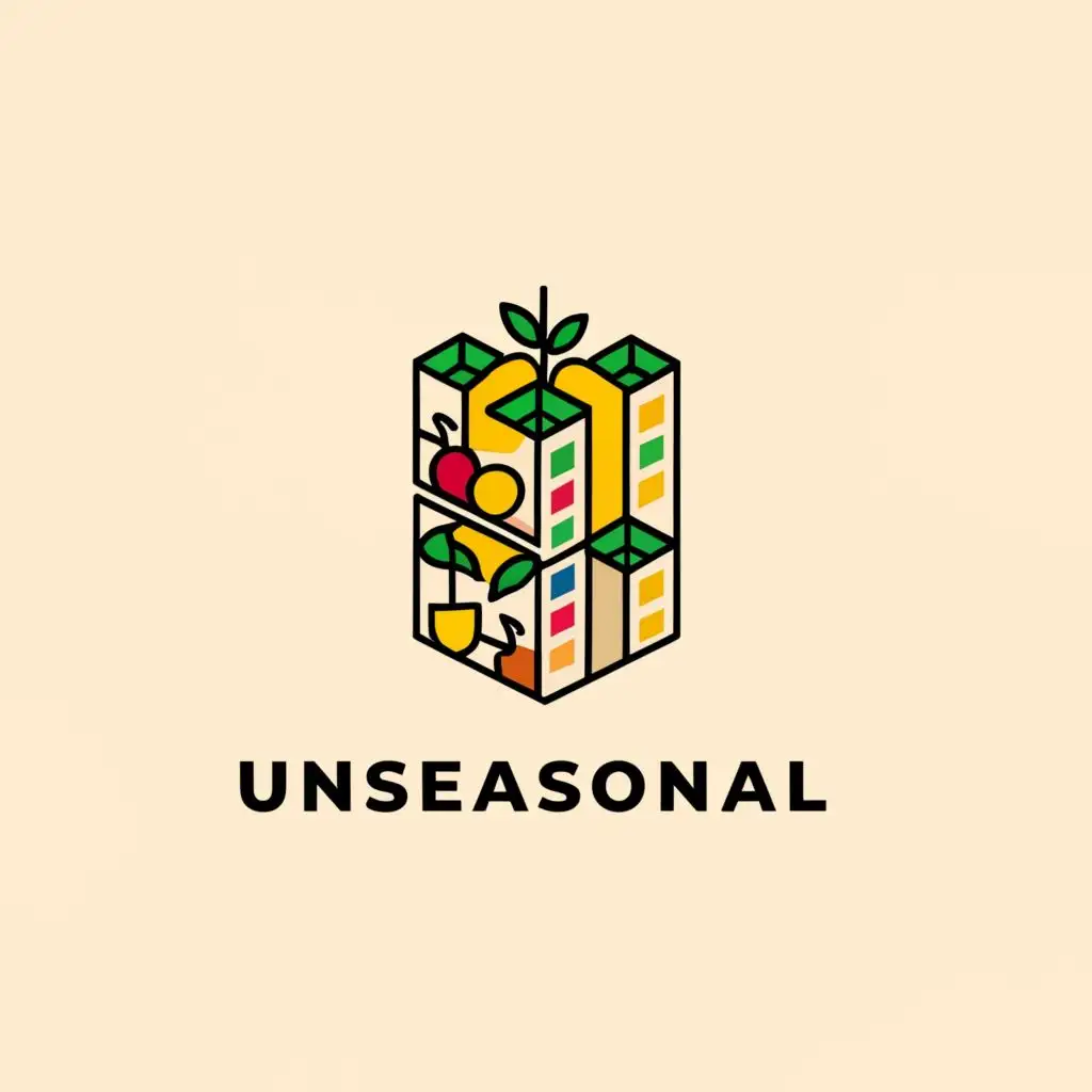 a logo design,with the text "UNSEASONAL", main symbol:fruit plants stacked in a building,complex,clear background