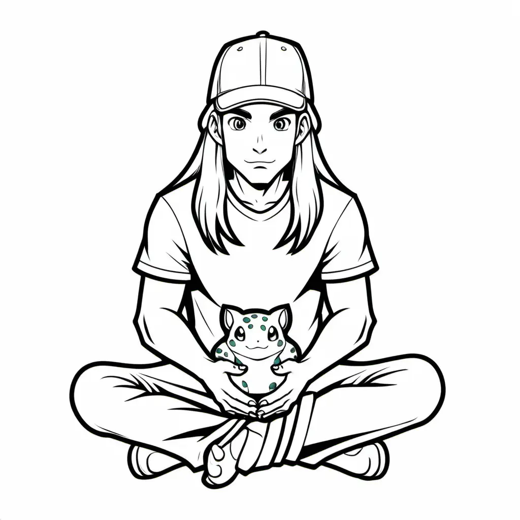 a man with long hair and a bulbasaur hat sitting cross legged , Coloring Page, black and white, line art, white background, Simplicity, Ample White Space. The background of the coloring page is plain white to make it easy for young children to color within the lines. The outlines of all the subjects are easy to distinguish, making it simple for kids to color without too much difficulty