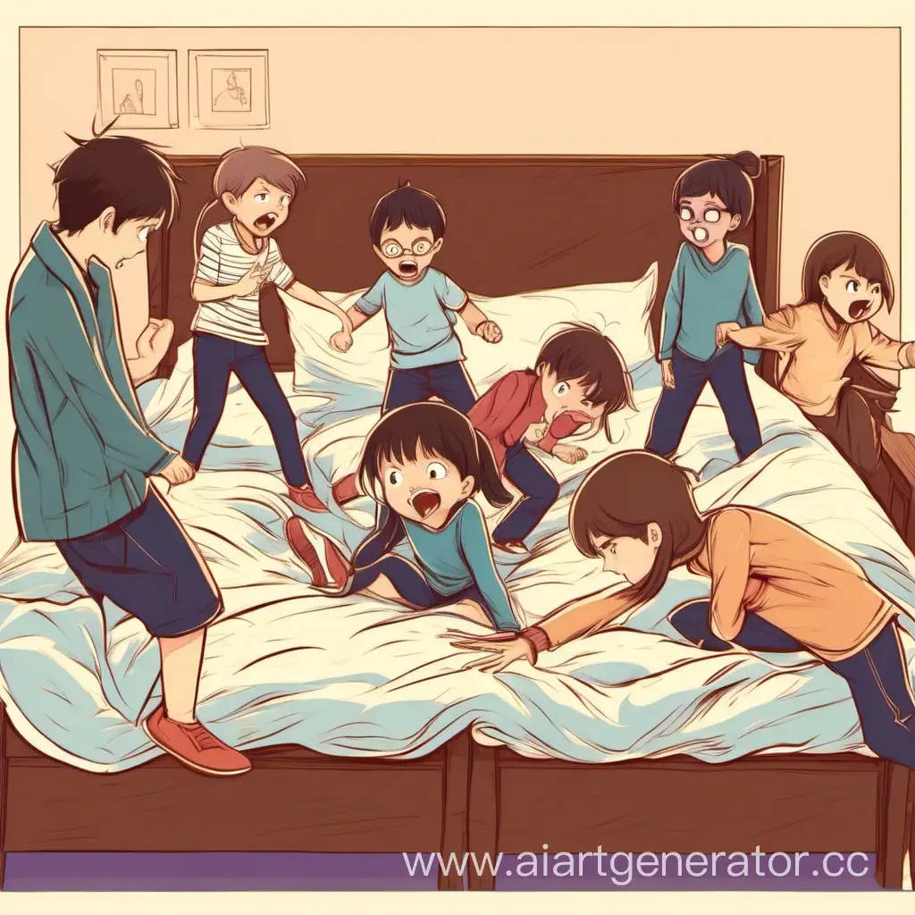 Два мальчика и четыре девочки дерутся на кровате