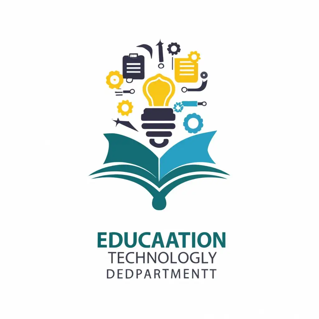 a logo design,with the text "Designing a logo or emblem for a quality education college. Educational technology means laptops, programming, Word, Excel, and books. Music: Musical instruments. Arts: Pen and brush. Media: Camera, newspapers, and fields.", main symbol:Designing a logo for the Education Technology Department
Consisting of books, pens, laptops, programming, and computer tools
Colors remain green and blue,Moderate,clear background