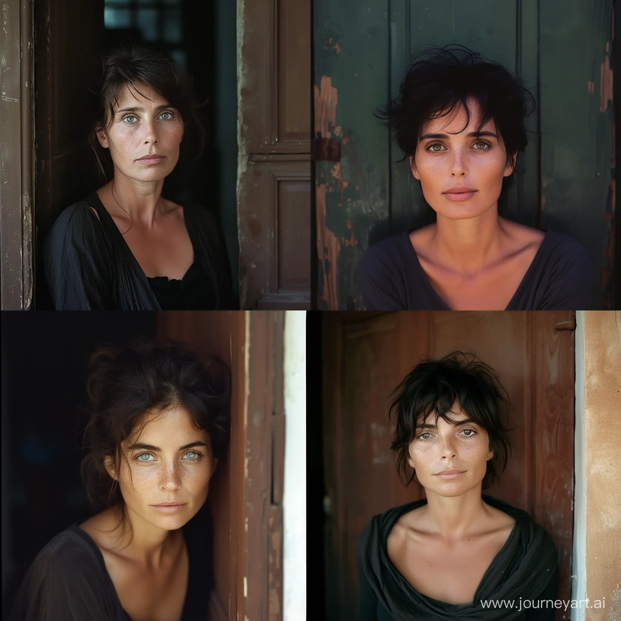 Photographic portrait of a 40 years old Italian woman, in front of a brownish door, peaceful and relaxed expression, piercing eyes eye contact, summer gentle light. Shot with Kodak Portra 160::2 ; in the style of Peter Lindbergh::2

