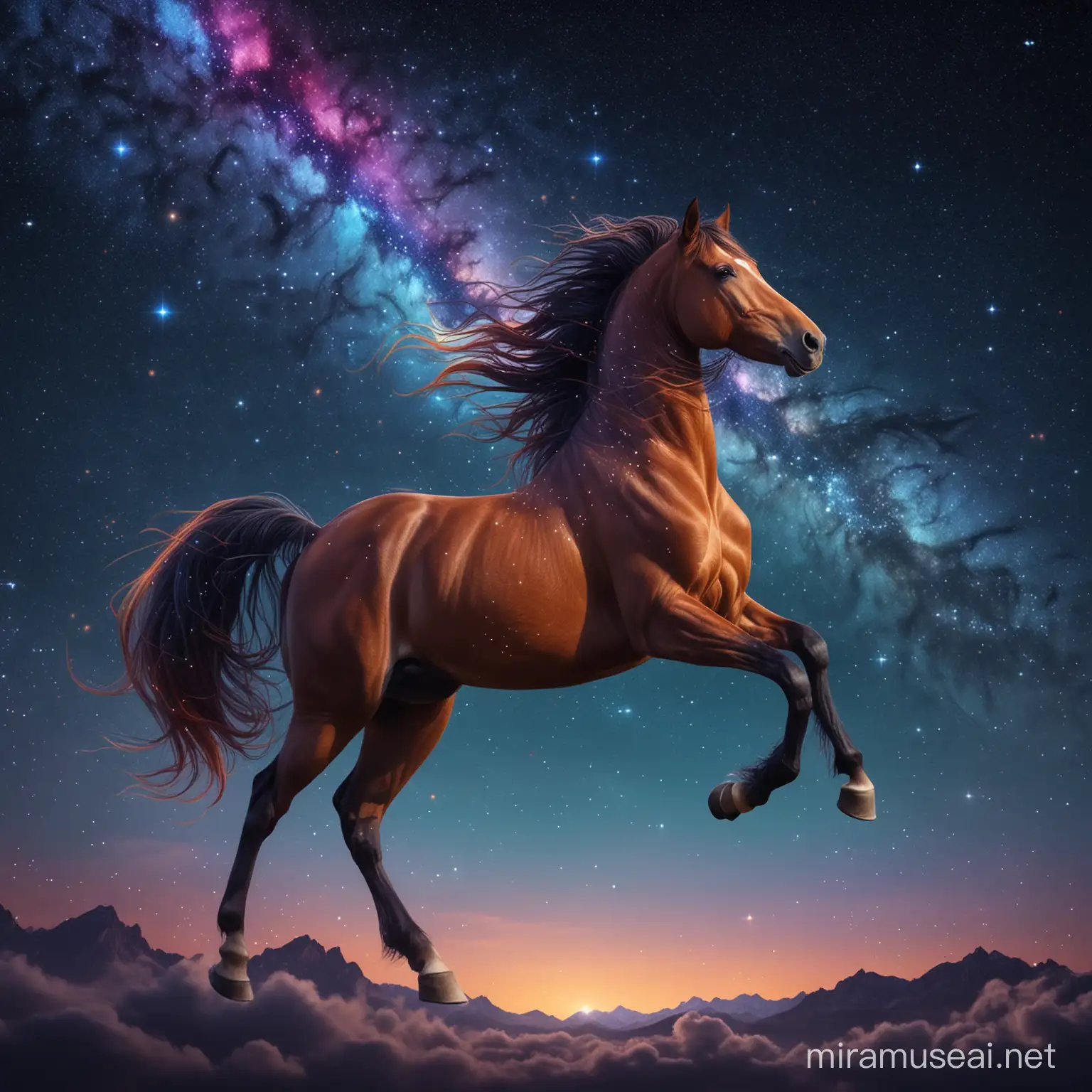 una constelación de caballo en el cielo. líneas que unen estrellas en forma de caballo. muy espiritual. magico. estrellas brillantes. noche. colores vibrantes. bella mujer rica y varios caballos en la tierra mirando hacia arriba el cielo.  