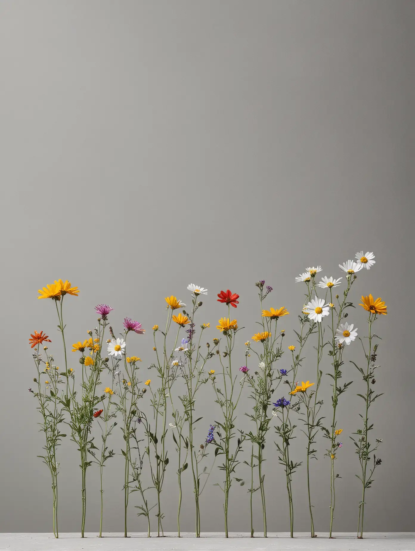 a single row of wildflowers grow in front of a neutral gray background.
