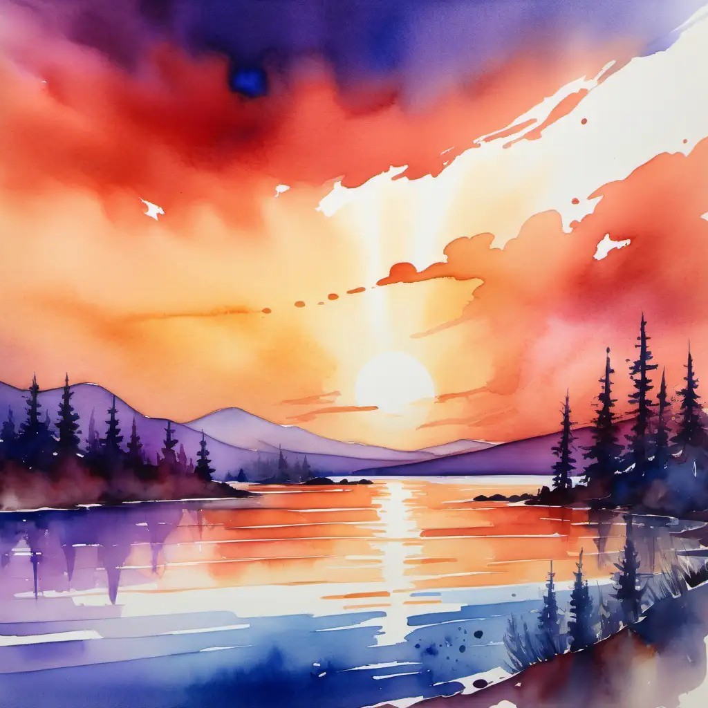 Vibrant Watercolor Sunset Painting Capturing the Transition from Warm Reds to Cool Blues