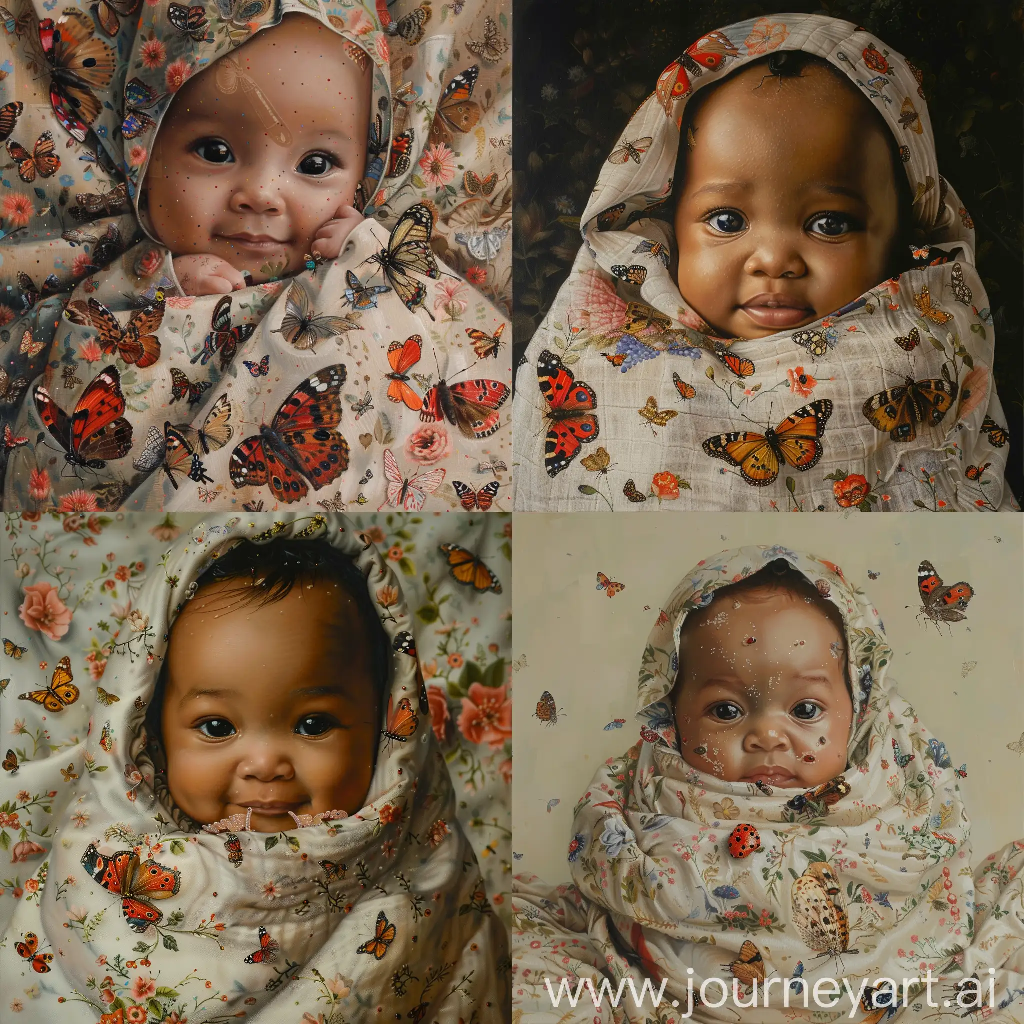 Oil painting of a beautiful newborn fair complexioned Nigerian baby girl covered with soft cloth on which there are tiny images of butterflies, ladybirds and flowers
