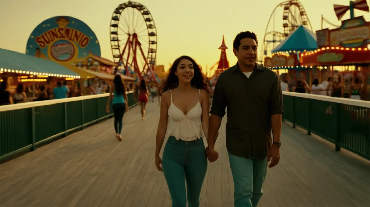 Hispanic Couple Walking on Boardwalk at Sunset with Amusement Park in Background