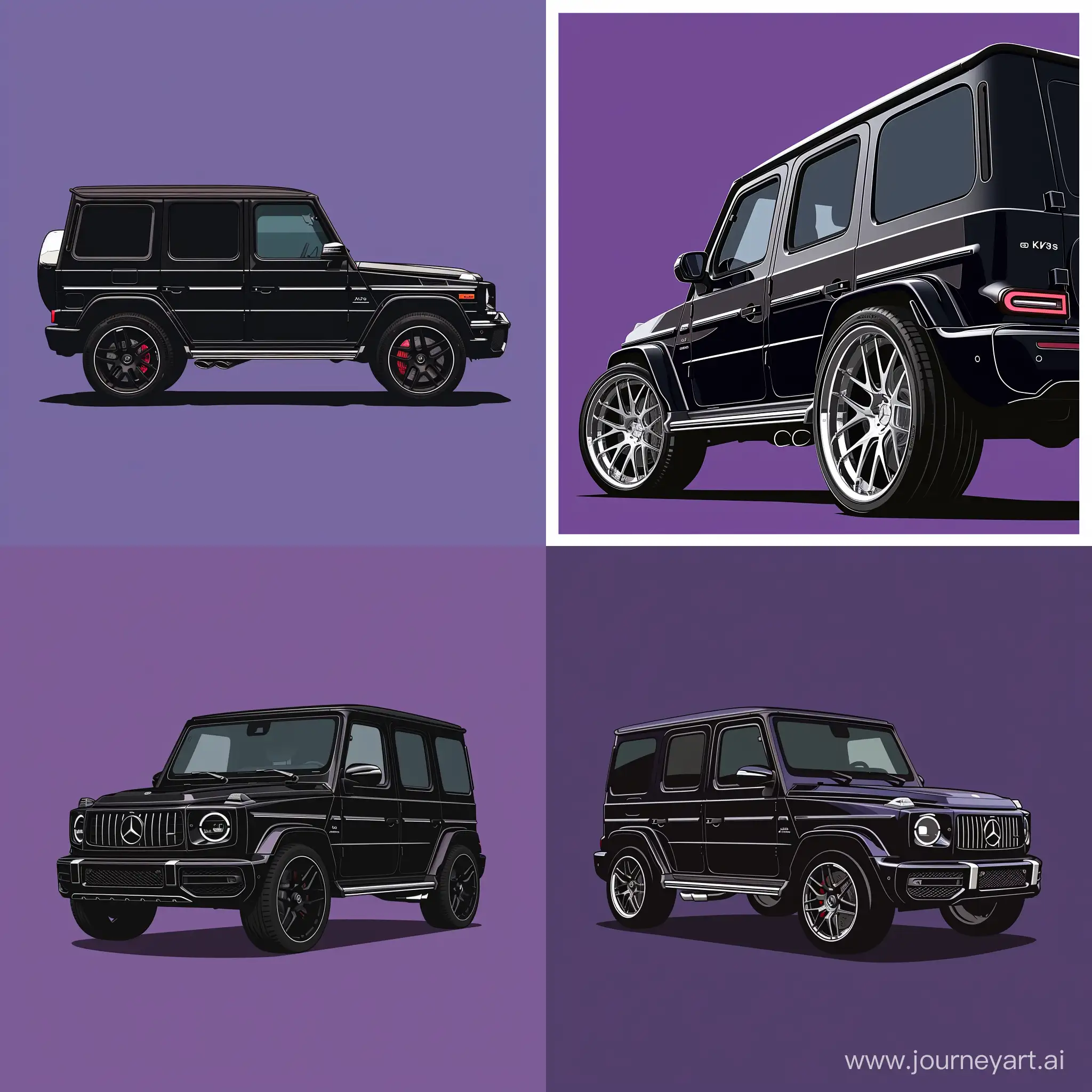Minimalism 2D Illustration of Car 2/3 View: Black Mercedes Benz G63, Simple Bold Purple Background, Adobe Illustrator Software, High Precision