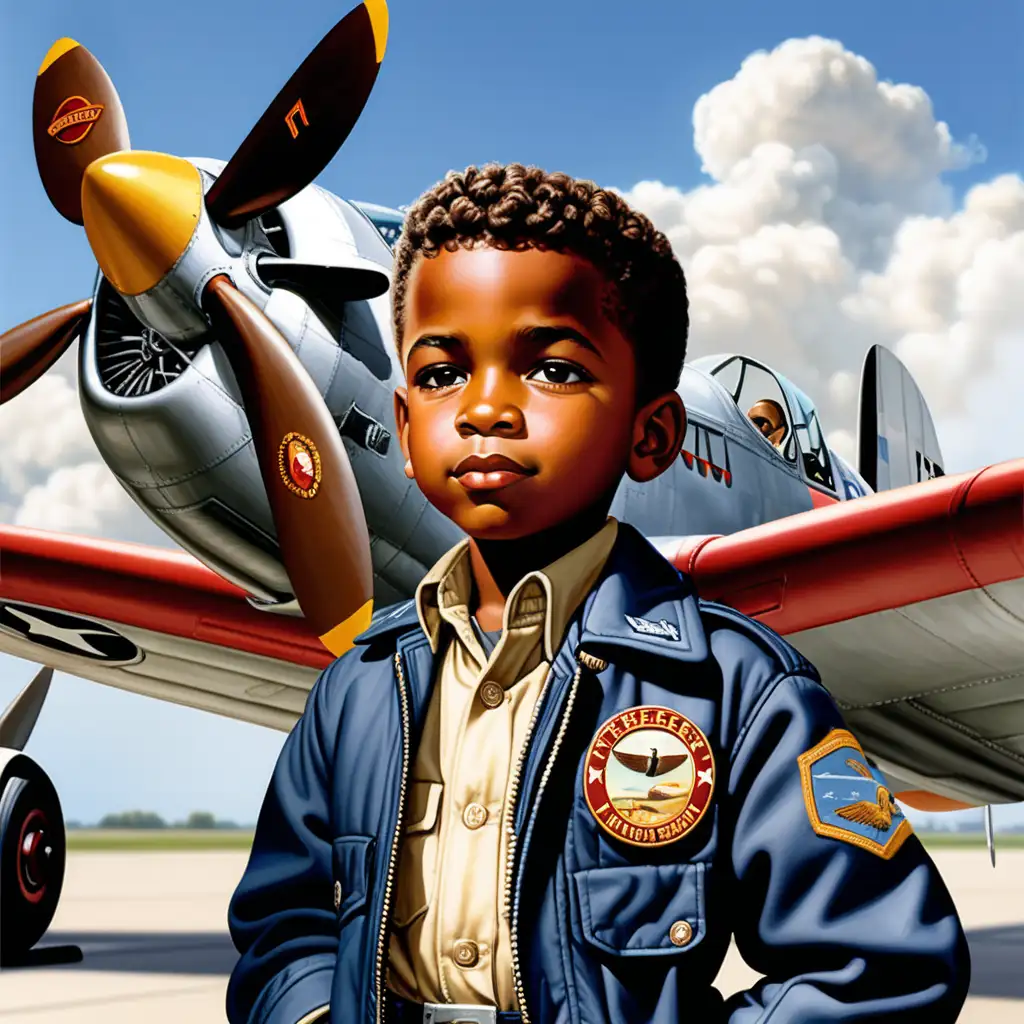 Create an image of a black child male in first grade dreaming of being Tuskegee AIRMAN pilot the 1940s standing in front of a P-51 air plane bomber on flights line in pilot uniform of 1940s