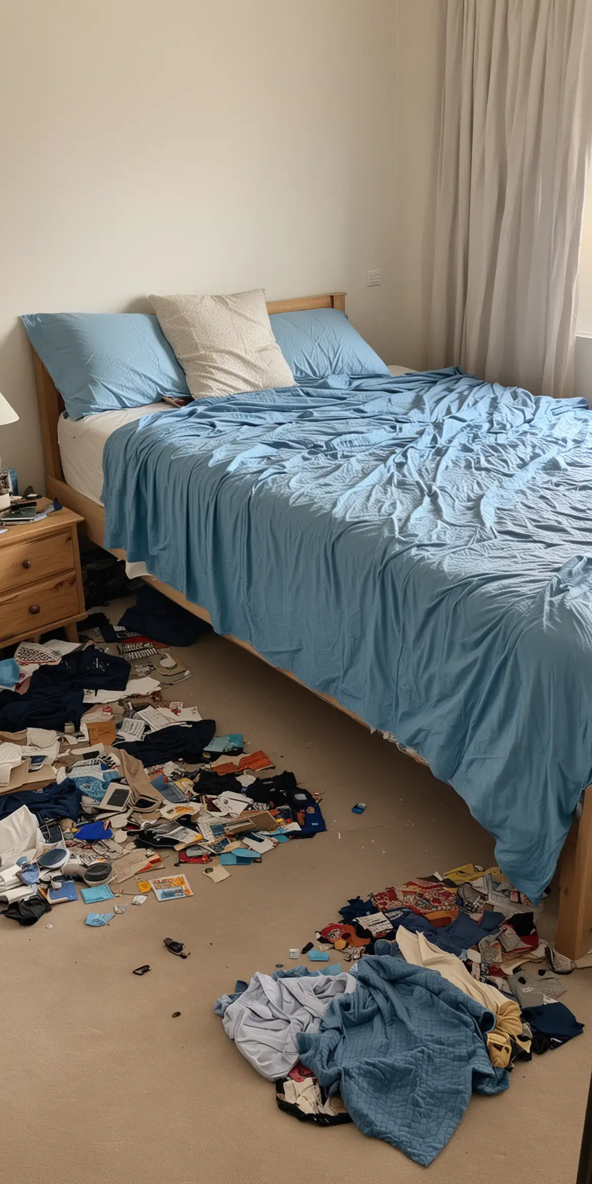 ugc image of a messy bedroom with blue bed sheet.