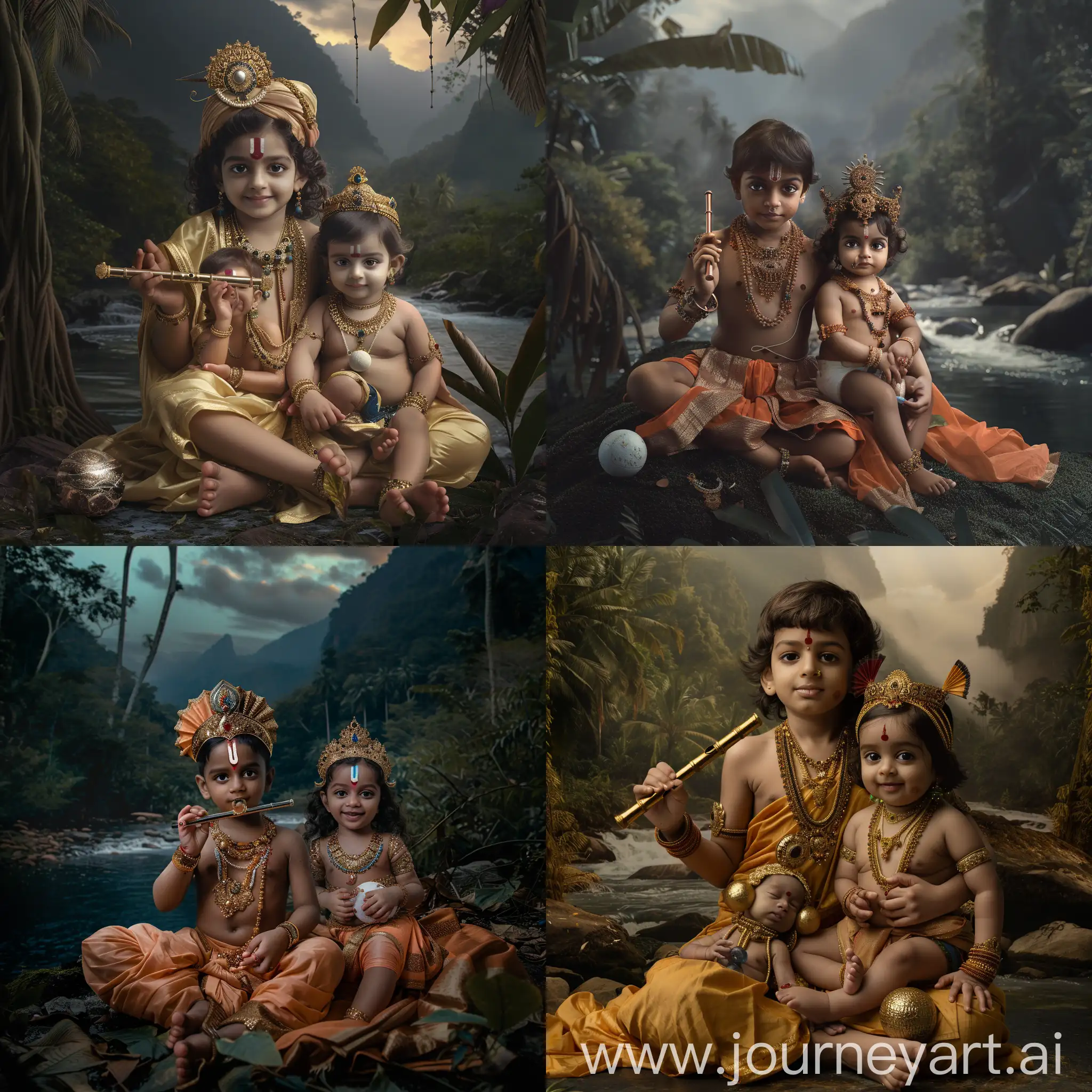 create a 5 years old boy as lord krishna , another 3 year old girl as a goddess lakshmi , and small baby as a lord murugan sitting on goddess lakshmi’s lap , Gods dress sitting in middle of the jungle , river , behind mountains, trees , dark shadows ,  , divine , majestic eyes , jewels, anklets , baby. krishnar holding flute in hand , goddess lakshmi holding murugan on her lap , cute smile , baby murugan wearing jewels , smile , crown , sphere on hand ,photorealistic 4k image