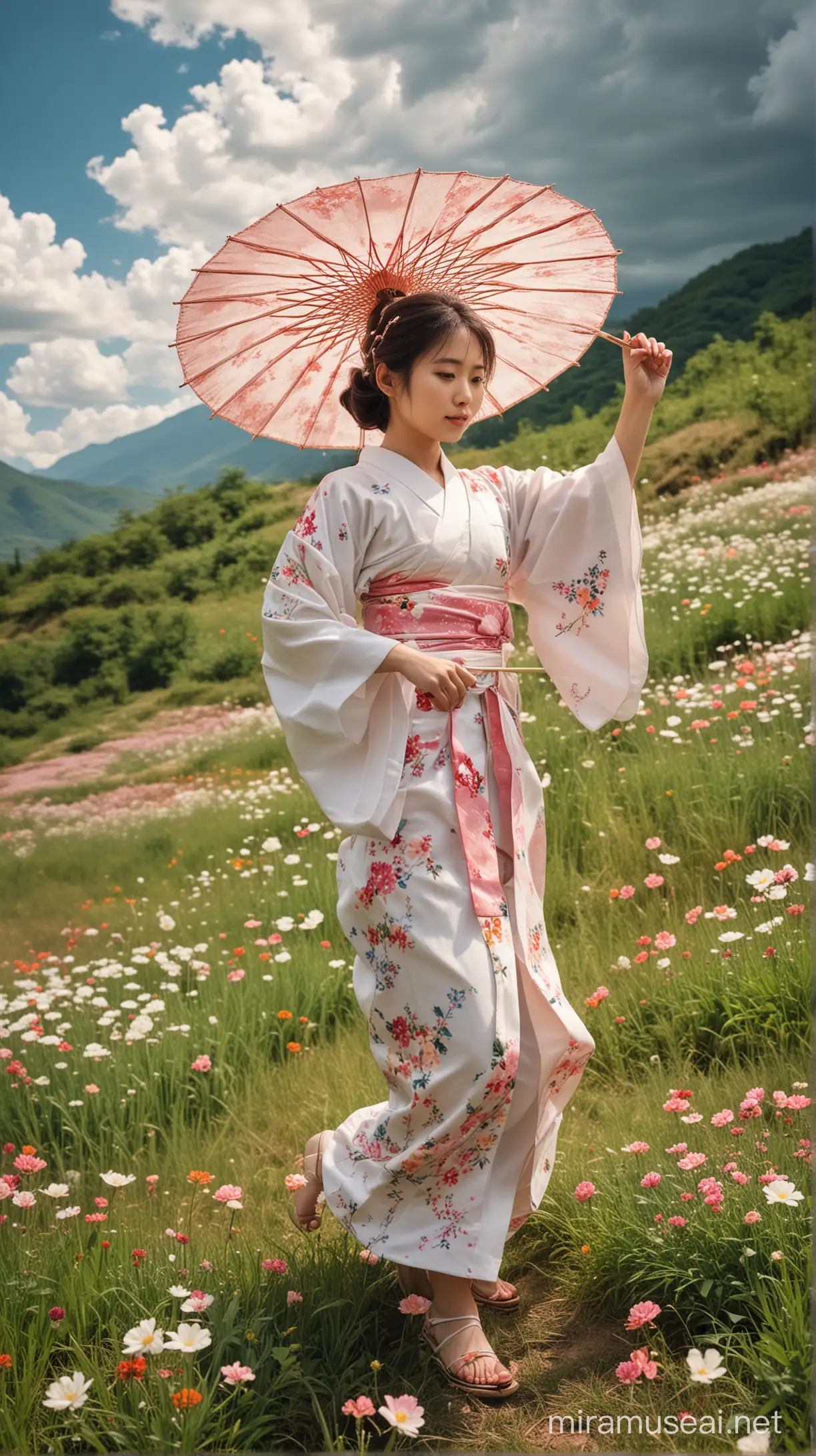 Create a picture of a cute Japanese girl stretching arms and legin traditional dress in the open valley with some flowers with white umbrella and some beautiful clouds.
Make the camera angle from downside and far.