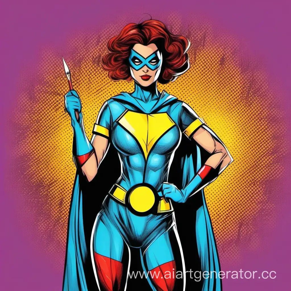 Супергерой из комикса девушка дизайнер держит кисточку в руках