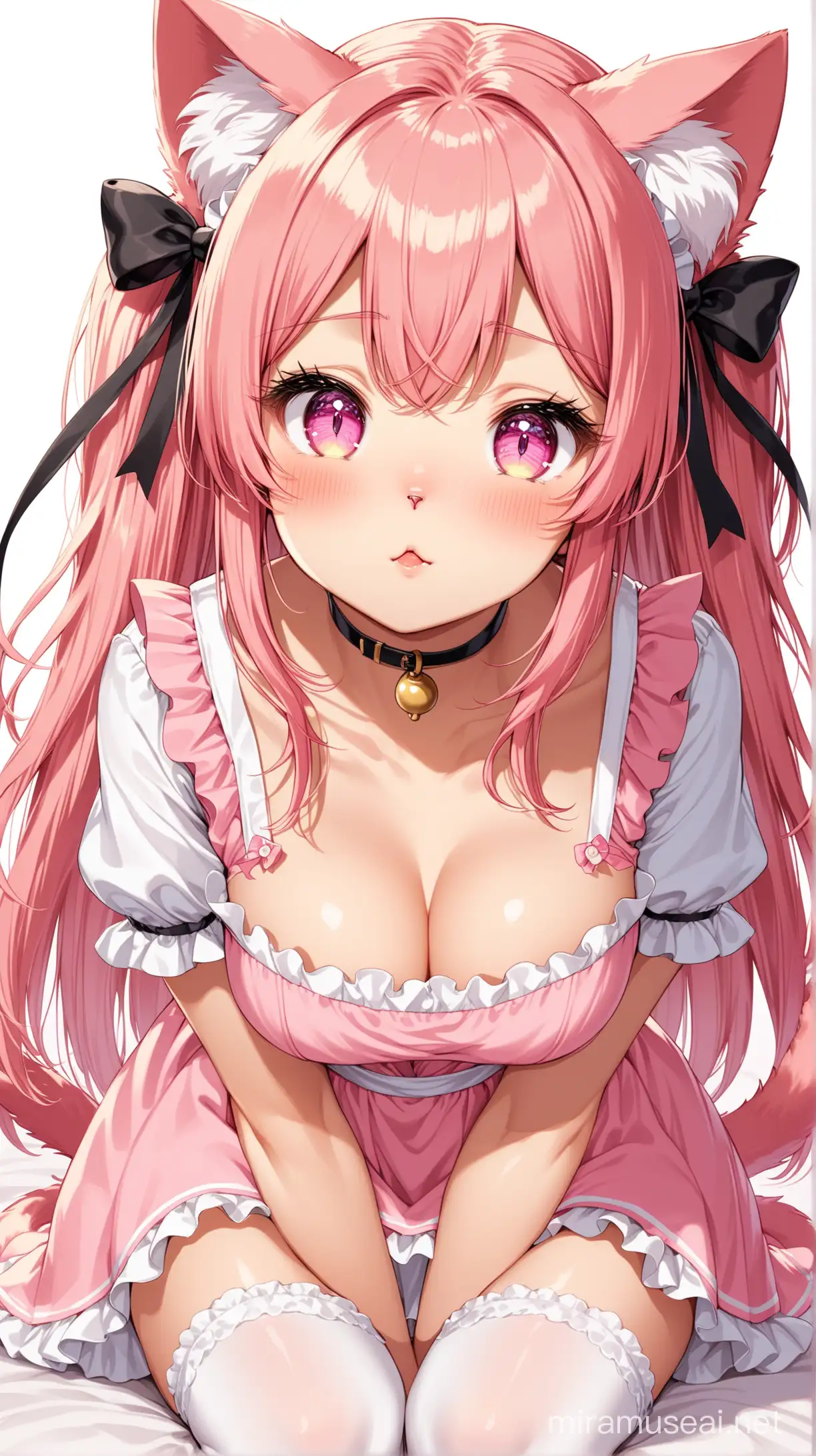 ((Inui Sajuna)), 1girl, High-quality anime illustration of cute cat girl, ((pink fluffy cat ears)), ((pink long and fluffy cat tail)), ((tail up)), ((light peach pink hair)), straight long hair down, ((two side up)), black hair ribbons, hair between eyes, ((pink eyes:1.3)), wearing a pink maid uniform, detached short sleeves, tiny cat-shaped neck bell, choker, ultra detailed hair, high detailed eyes, 16k, hd, high resolution, best quality, cute, (looking at viewer), petite body, (single), white background, ((stoic expression)), upper body, ((masterpiece)), perfect, ((large cat-shaped eyes)), ((long and thick lashes)), lower lash, ((slit pupils:0.9)), bright pupils, white thigh high stockings, nyandere, from above, POV, light erotic, wrist cuffs, sitting, thighs, wariza, POV headpat, flustered, embarrassed, kawaii, cute design, ((viewer is petting her head)), hand