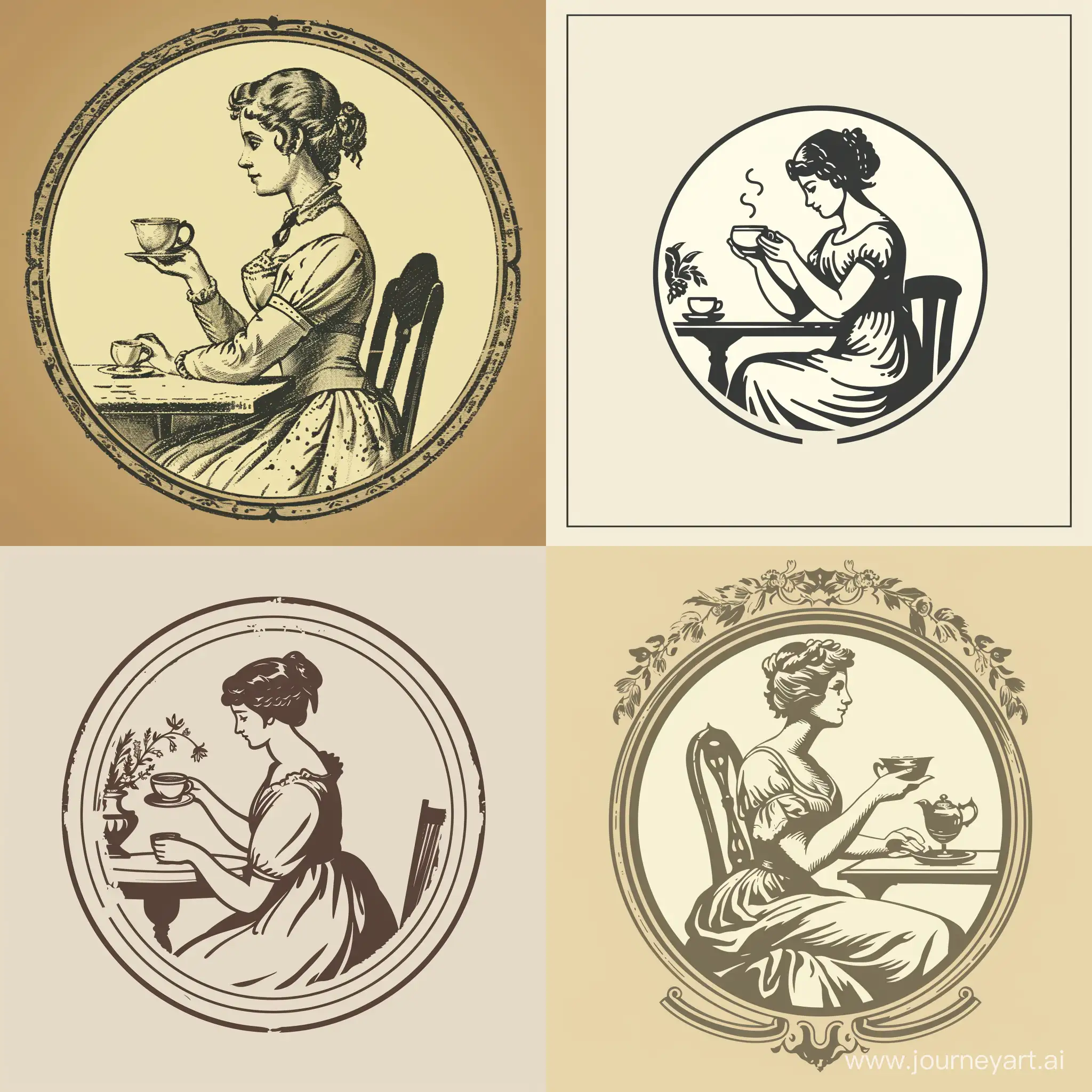 A 19th century logo of a woman in a simple dress, sitting at a table, holding a cup of tea in her hand,