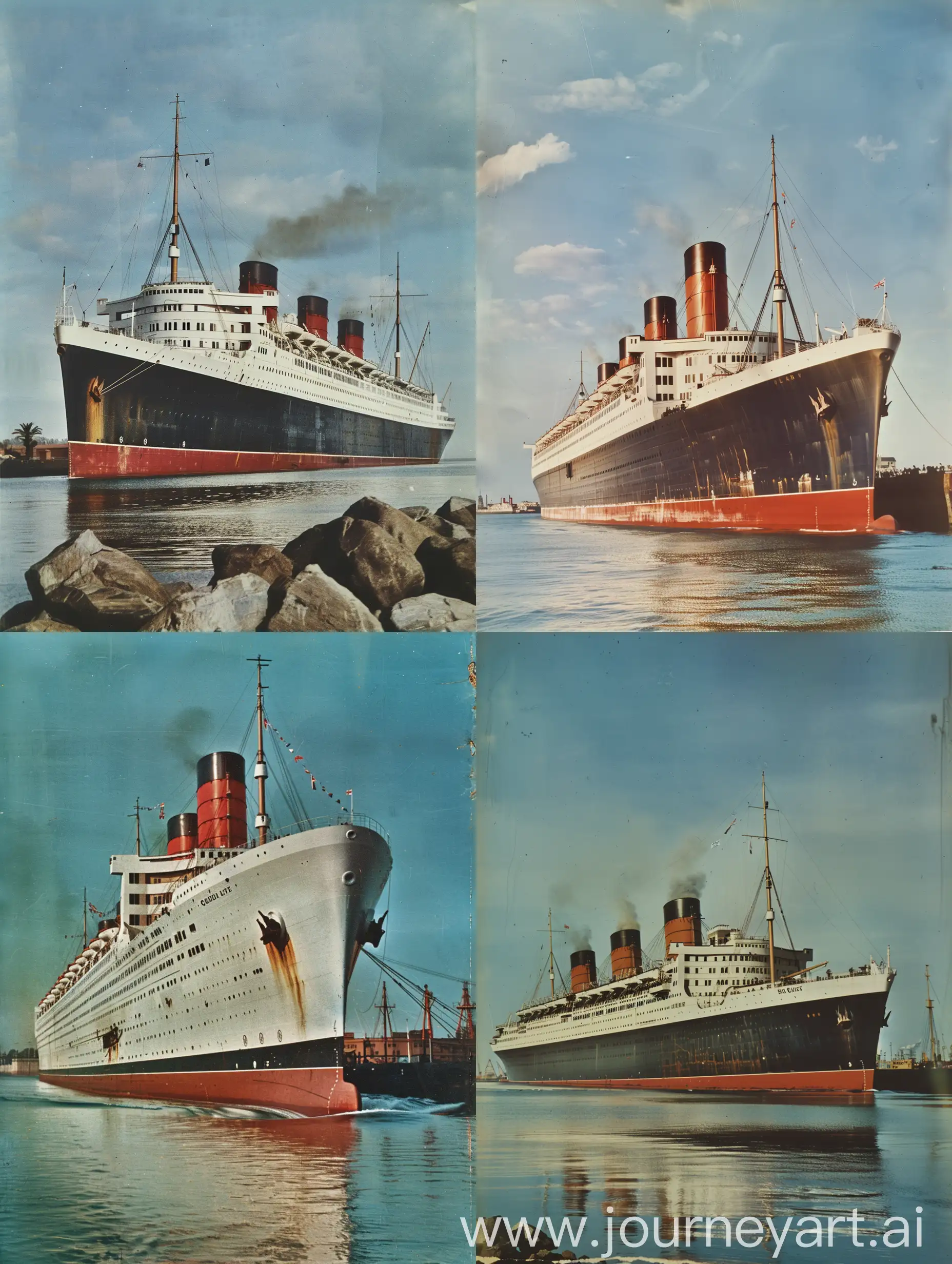 The British liner RMS Queen Mary, leaving a ship port, clan day time sky, color photograph, side view, profile pic of the ship, the ship only has three funnels, well deck on the bow, mast sitting on the forecastle, Hollywood Movie scene.