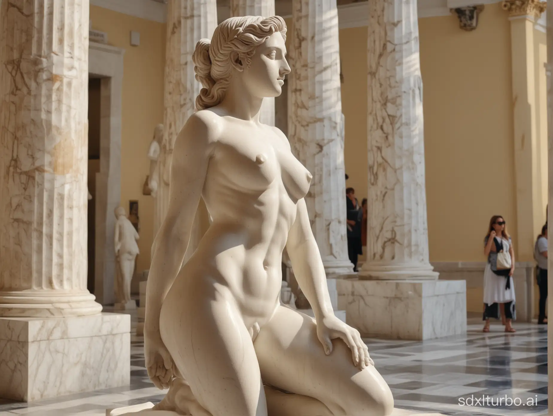 Greek statue, marble statue, naked girl statue, marble statue, Greek statue, nude body, kneeling in museum, back view, legs spread wide, column background, sunny weather, marble statue, Greek goddess, statue, marble statue, girl statue, close-up, 4K, marble skin, beautiful Greek face,