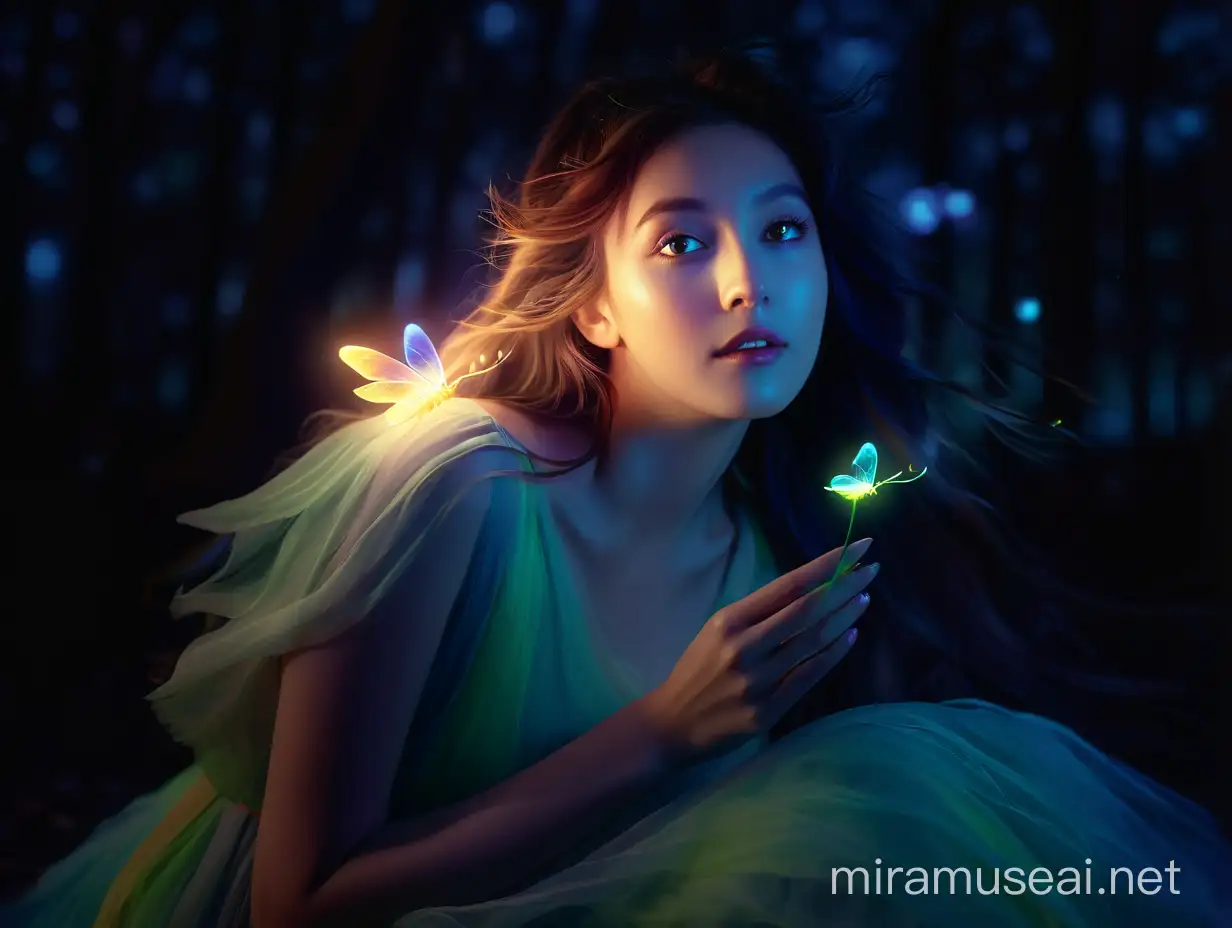 Magical girl with a firefly, vibrant and dreamy art style, glowing firefly wings, flowing pastel-colored dress, enchanted forest setting, surreal and ethereal lighting, detailed eyes and flowing hair, high quality, dreamy, magical, vibrant colors, glowing, soft lighting
