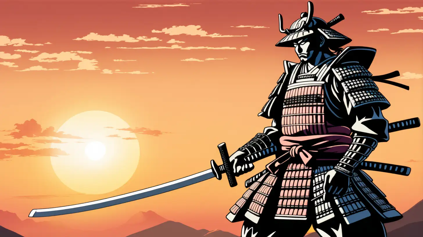 A samurai standing proudly, viewed from a low angle, his katana held aloft against the backdrop of a setting sun.