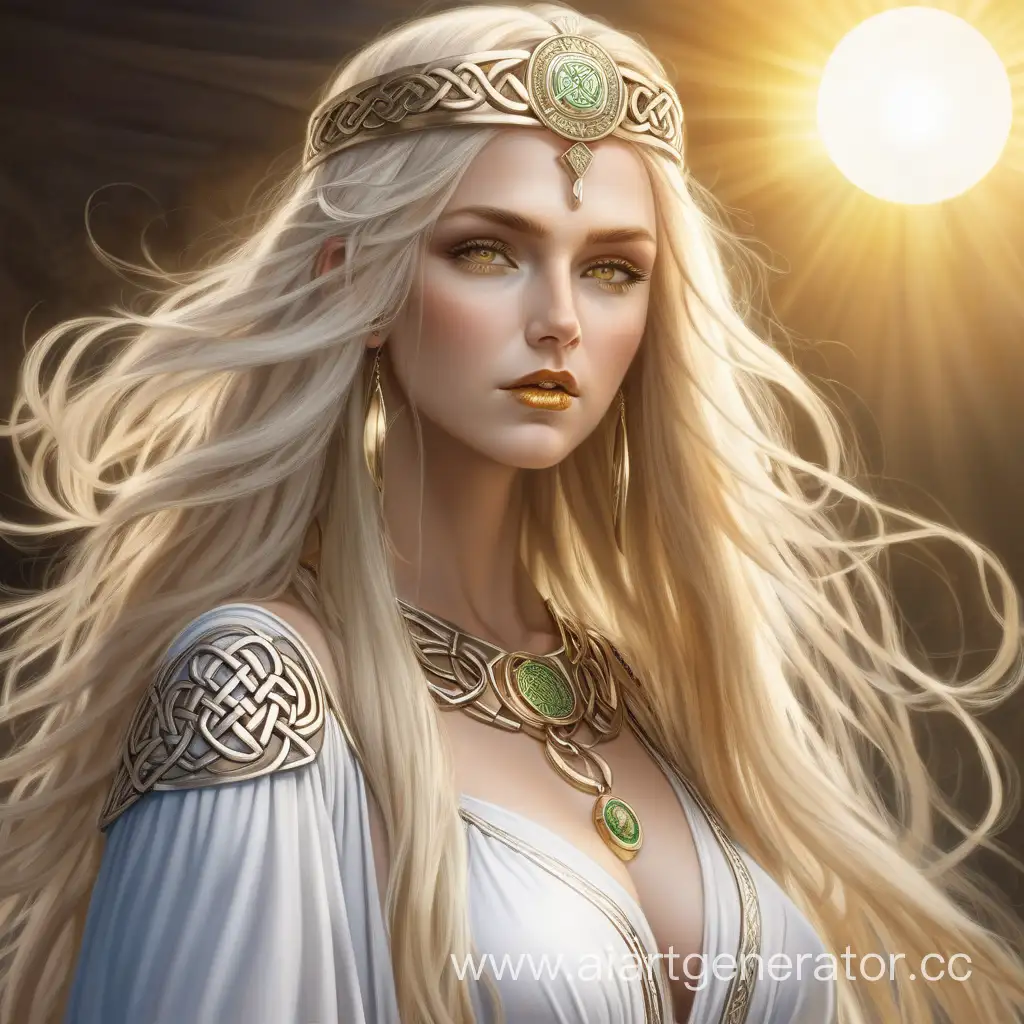 кельтская королева Marika the Eternal, красивая милфа, длинные платино-золотые волосы и золотые глаза. блондинка, красивая большая грудь, красивая фигура, золотая помада, тонкое шёлковое белое платье, золотые украшения с солнцем, Elden Ring, античность. симметрия, портрет, рисунок